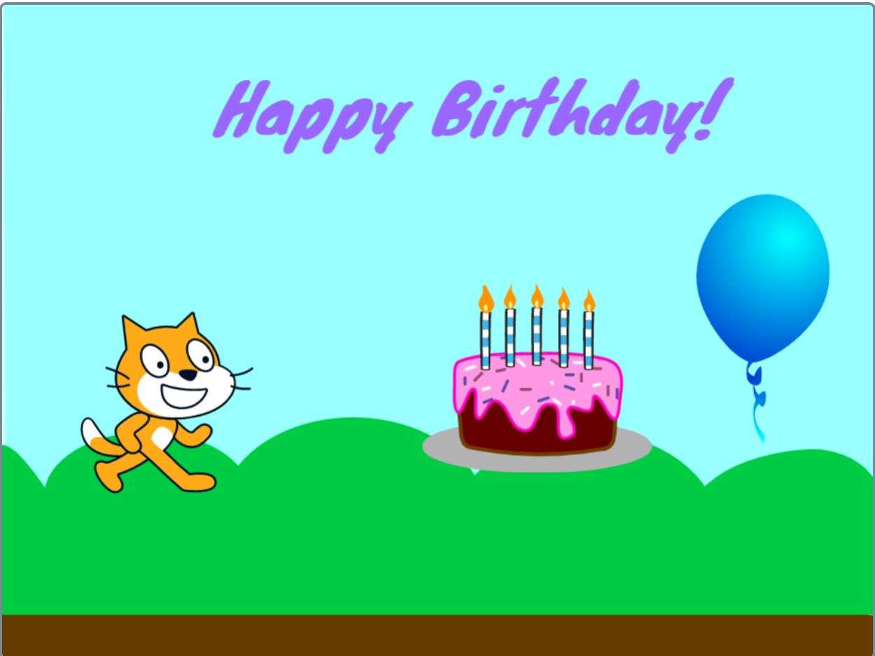 Image of Happy Birthday wishes created with the Scratch platform