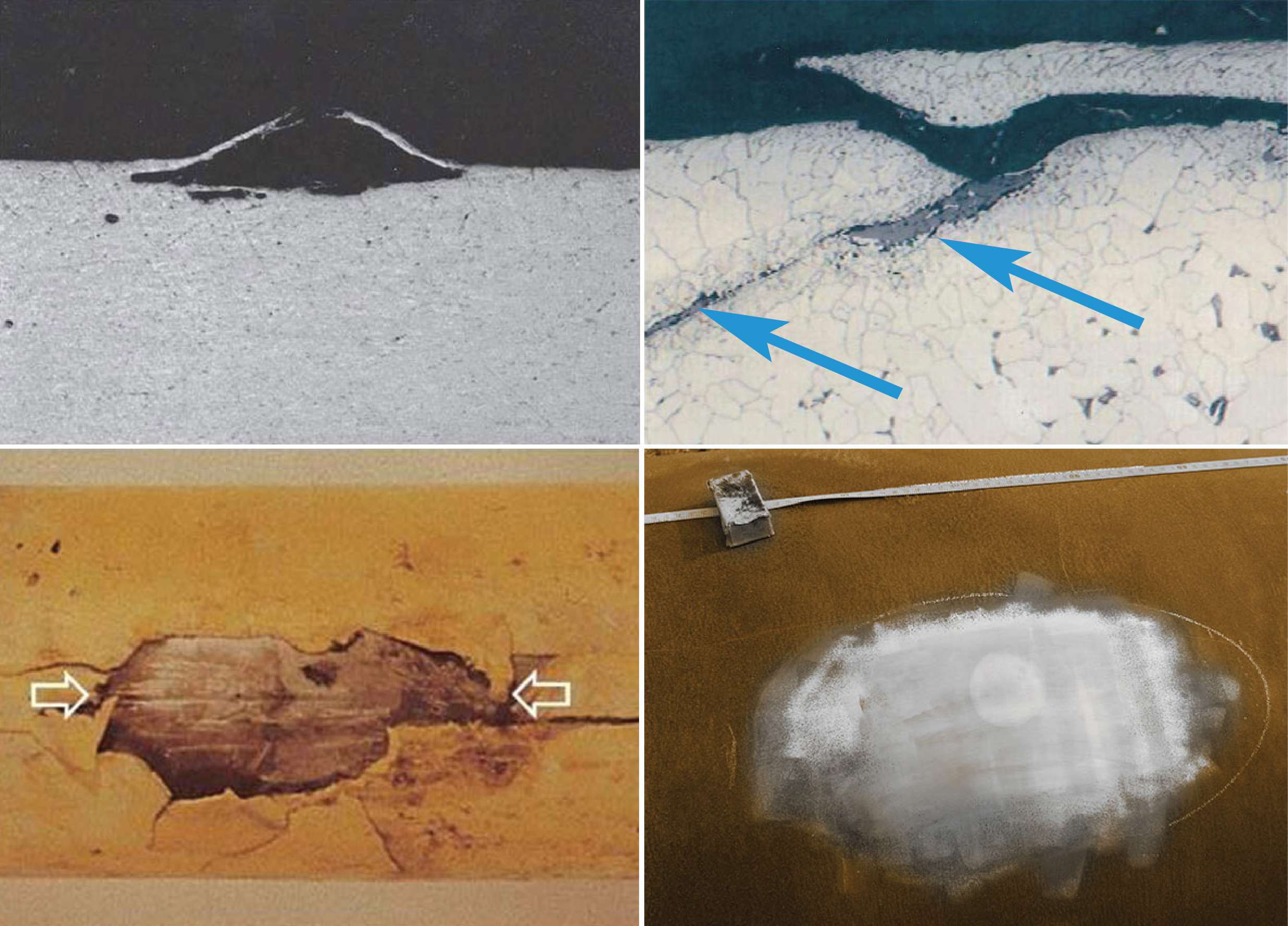 Picture collage of different manufacturing-related-defects, such as lack of fusion, hard spots, slag inclusions, and blisters.