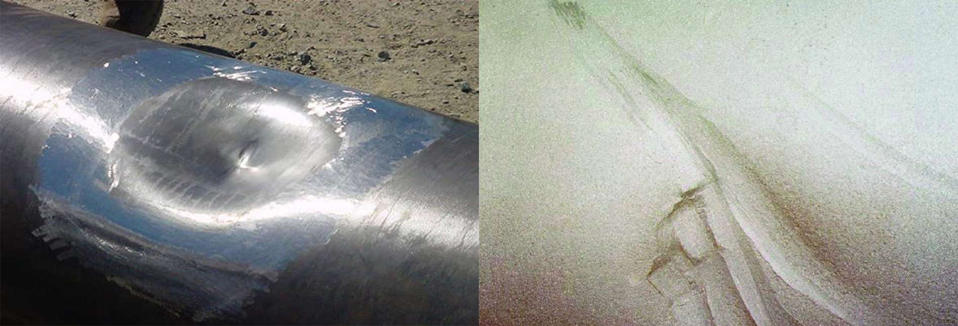 Picture collage of different mechanical damages to pipelines, such as dents and gouges.