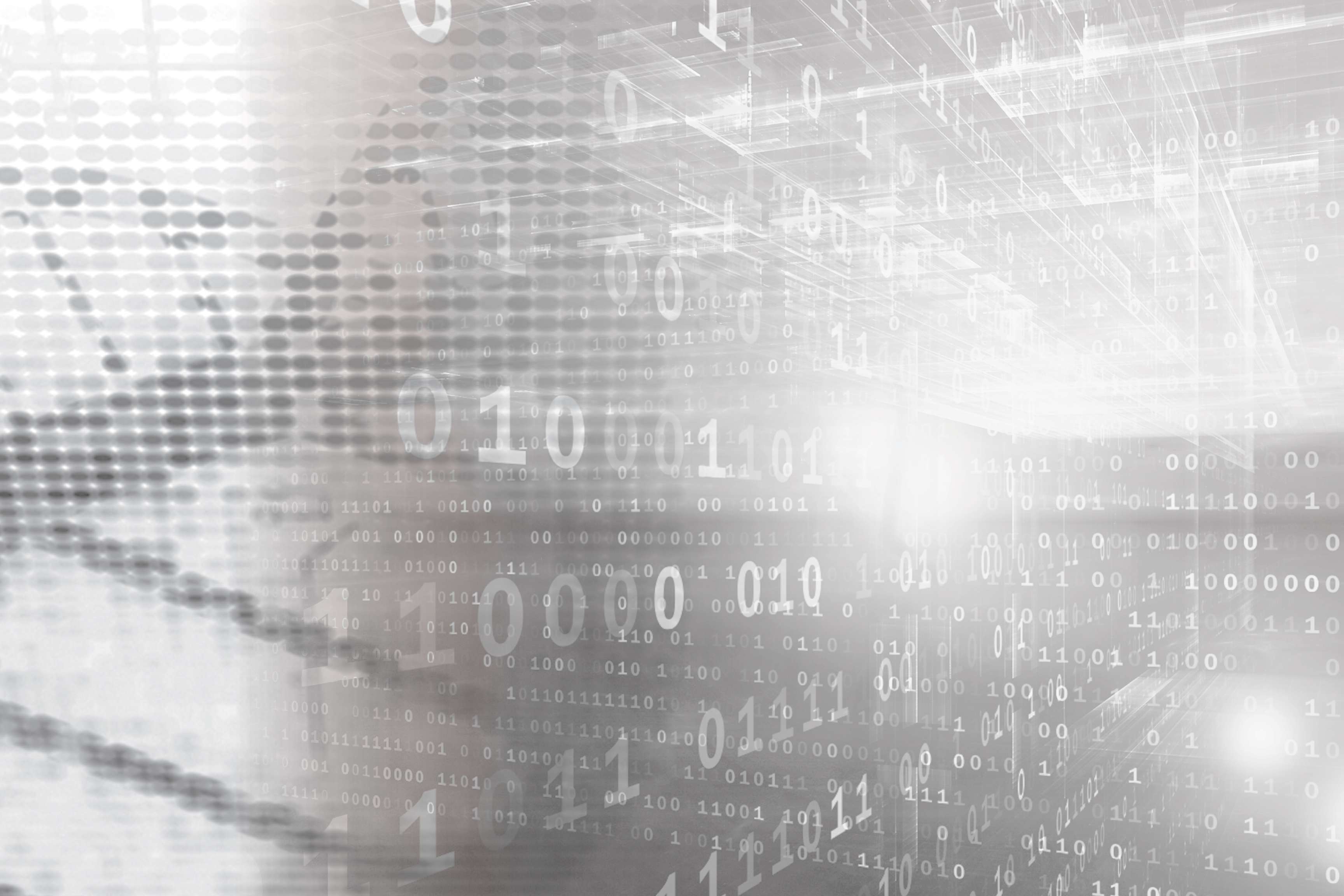 Abstract image with section from dna strand and many numbers blurred in foreground and background.