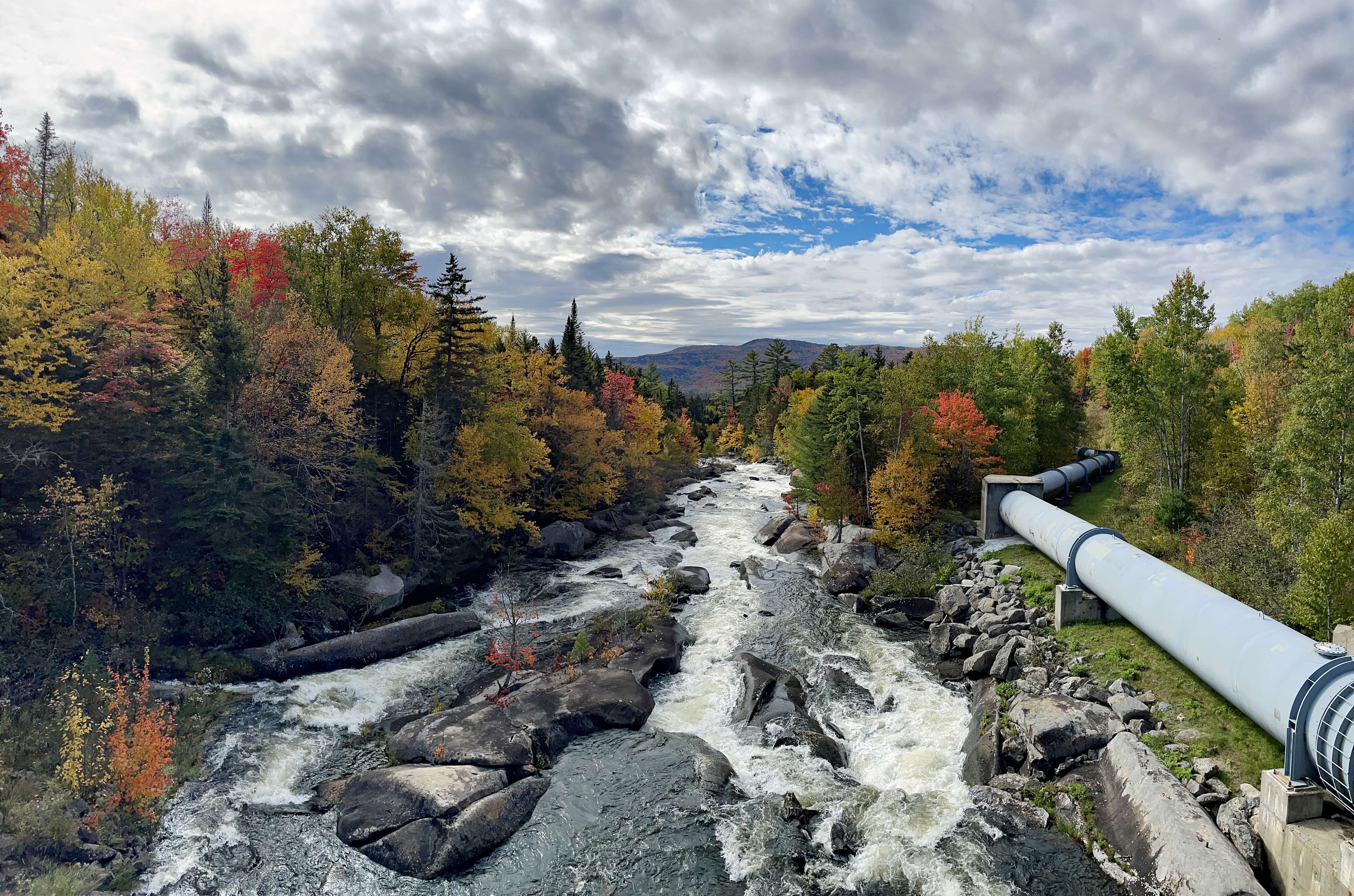 Overview on pipeline next to a river in the middle of a forest.