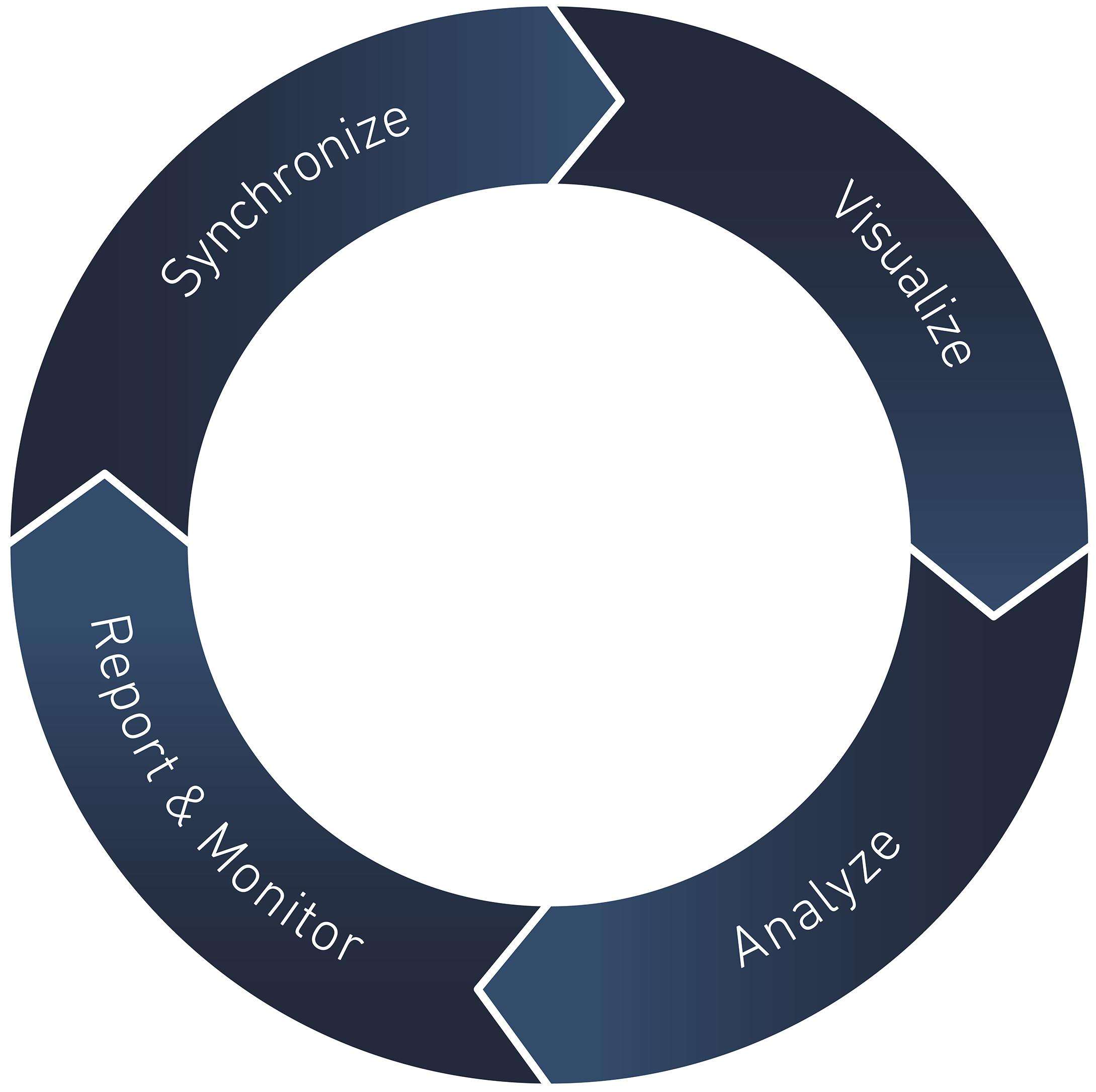 Cycle with the stations 'Synchronize', 'Visualize', 'Analyze' and 'Report & Monitor', which then passes into 'Synchronize' again.