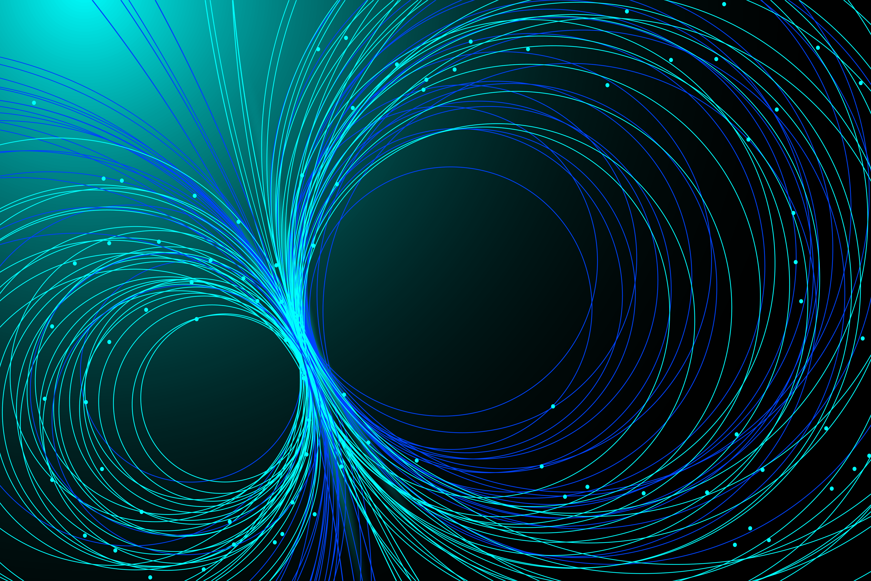 Technological background, neural networks, big data, artificial intelligence. Chaotic flying circles and dots on a blue background. Vector background