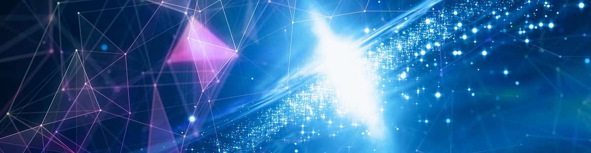 Abstract image with red and blue lines on black background.