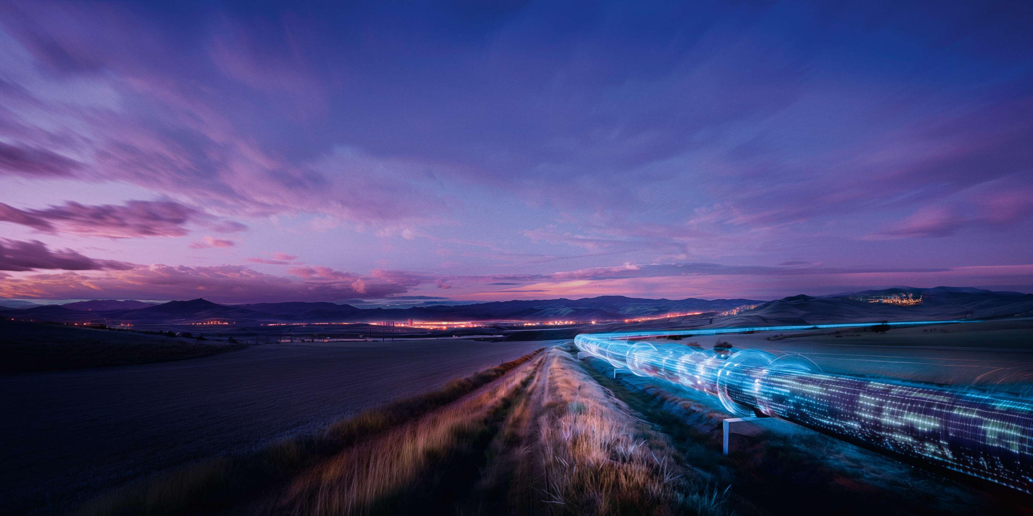 An onshore pipeline running through the landscape underneath a purple and blue sky with light blue and white streams along its outside walls.