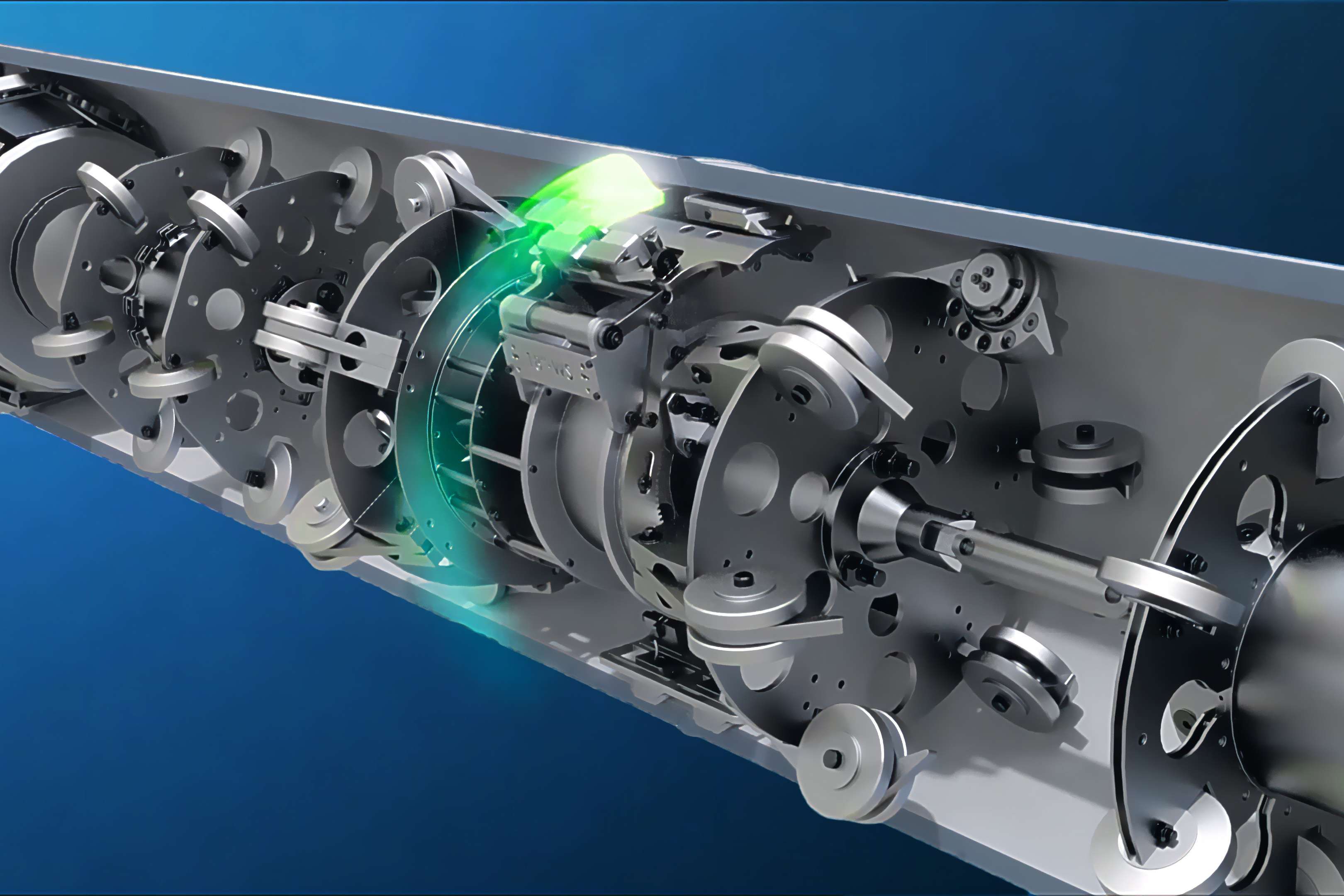 Animation of a TOFD tool in a cut-open pipeline to explain the technology with a green and yellow beam.