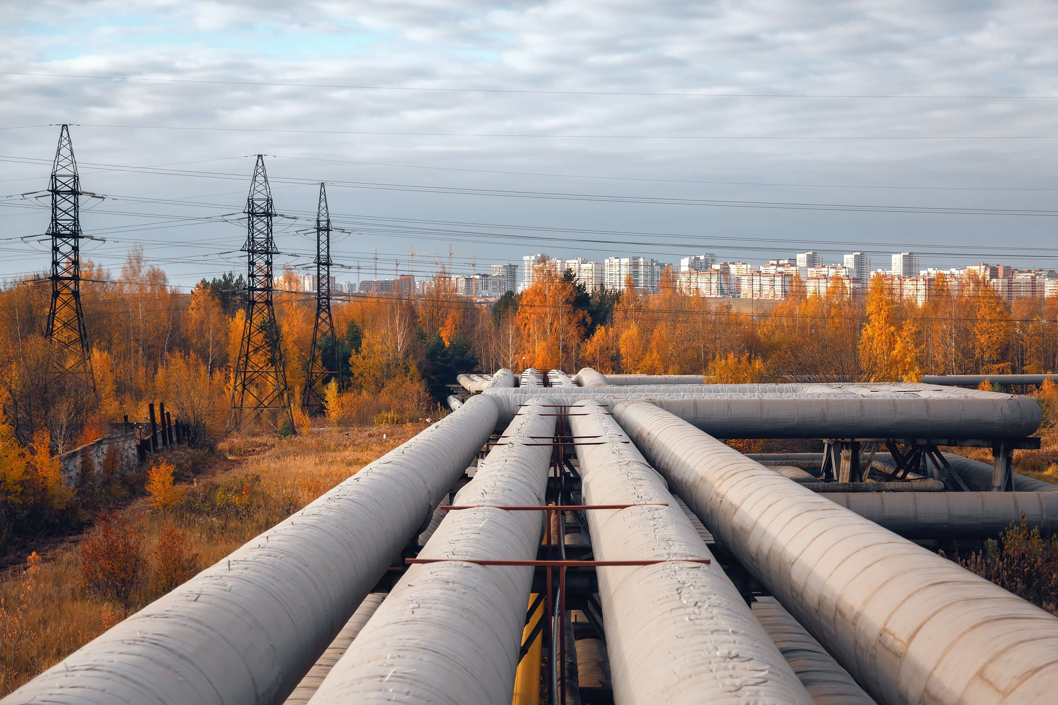 Piping system in the middle of autumn trees.