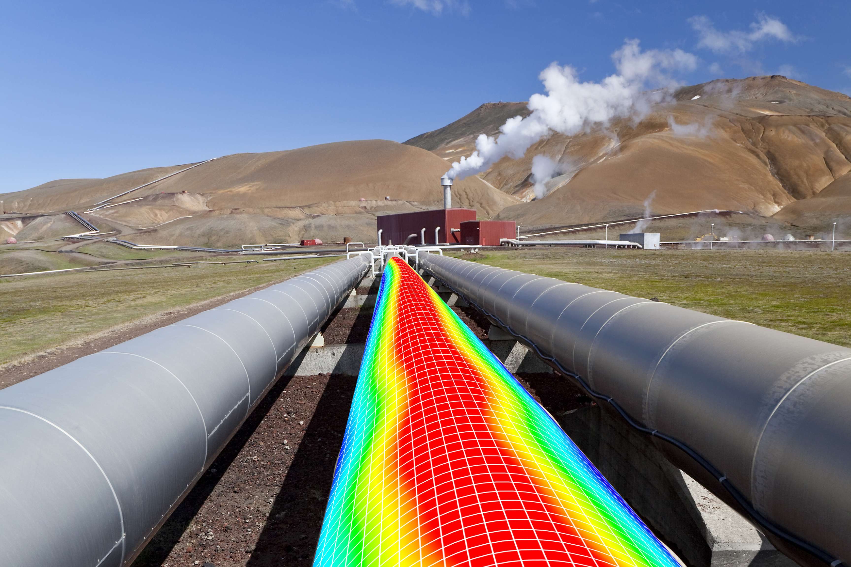 Three pipelines next to each other while one of them shows the flow inside graphically.