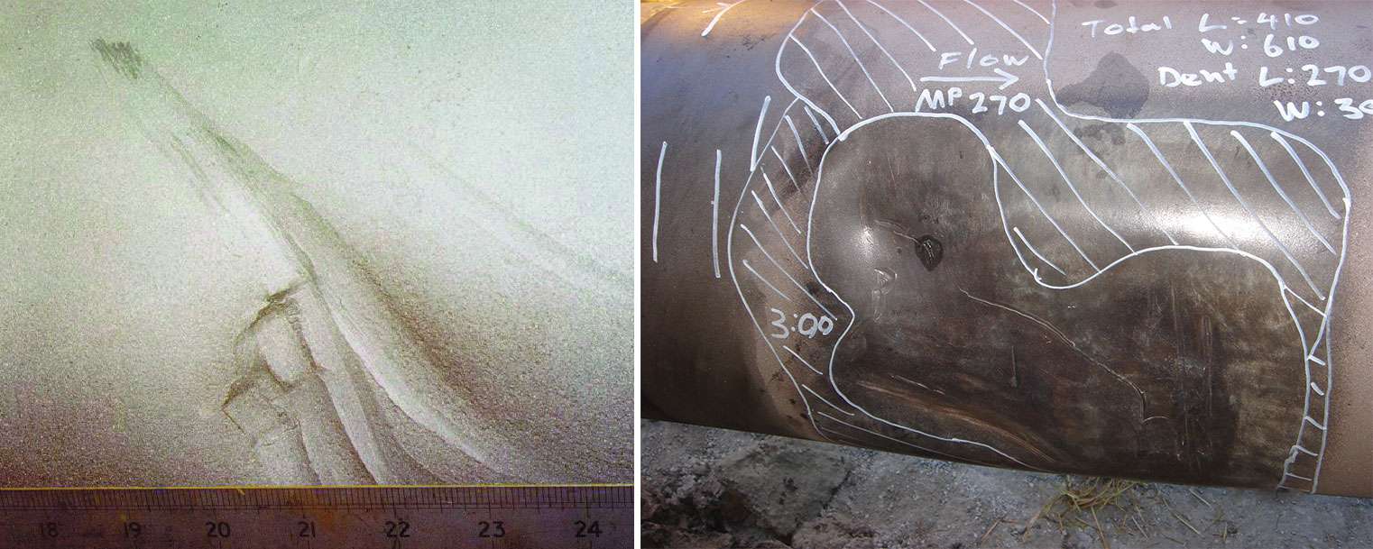 Picture collage of two different gouge damages in pipelines.