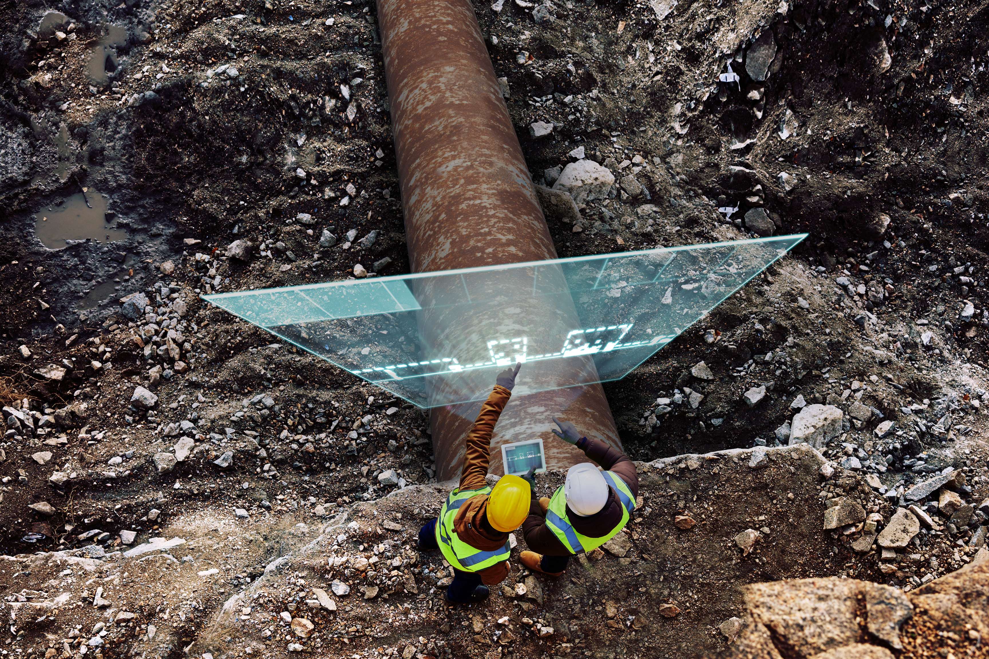 two workers standing next to a rusty, dug out pipeline looking at a hologram of a corrosion growth analysis