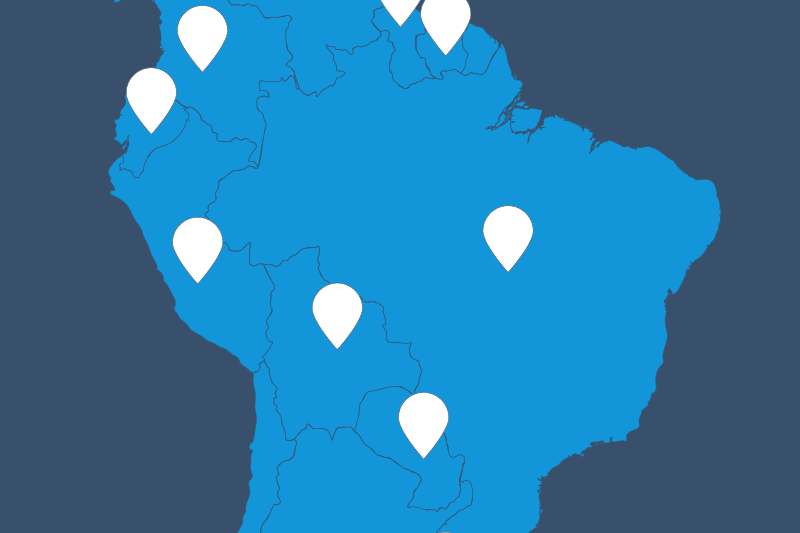 A blue graphic of the geographical shape of South America with 13 white pins on it showing the countries where ROSEN operates in.