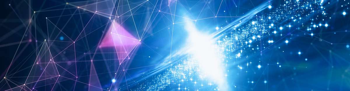 Abstract image with red and blue lines on black background.