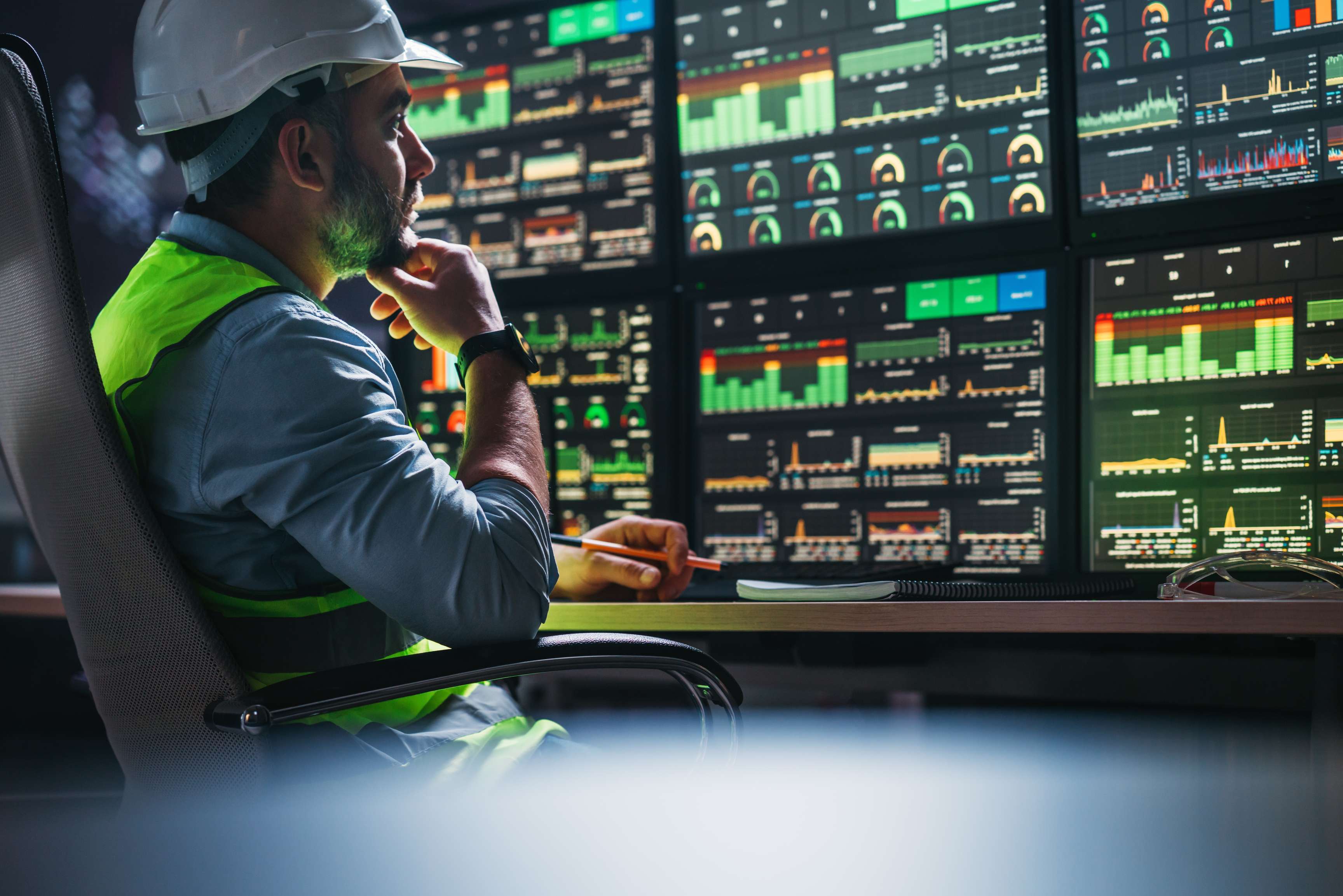 Technician looking at a number of screens with various monitoring functions.