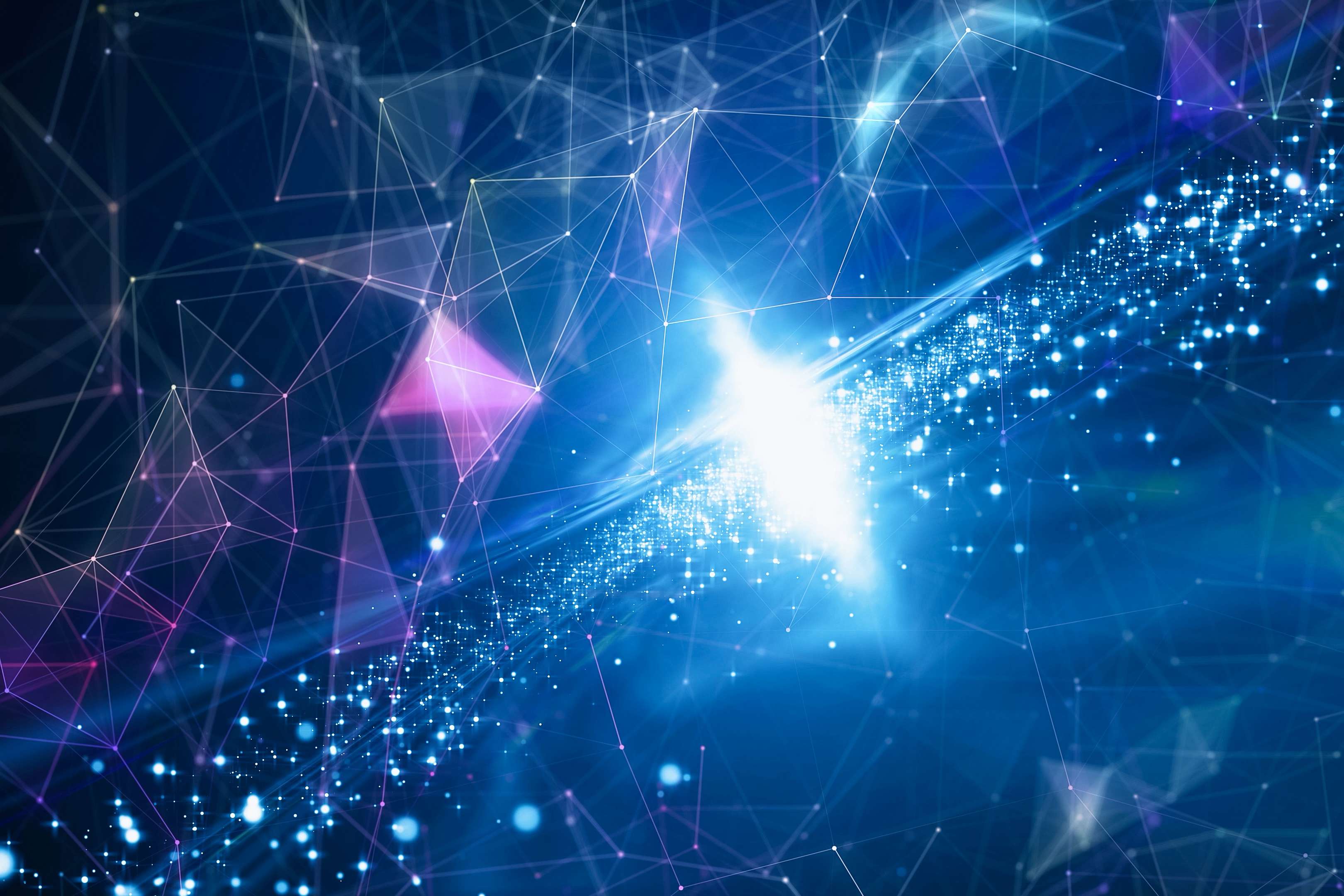 Abstract image with red and blue lines on black background.