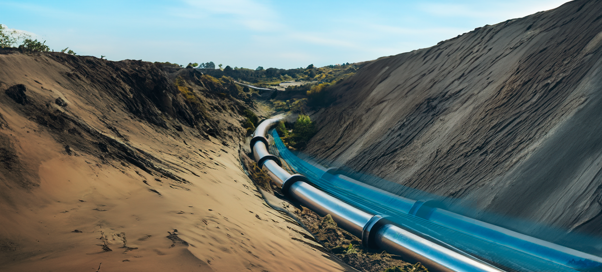 Pipeline running through a landscape affected by ground movements.