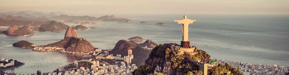 Aerial panorama of Botafogo Bay and Sugar Loaf Mountain at sunset, Rio De Janeiro, Brazil.