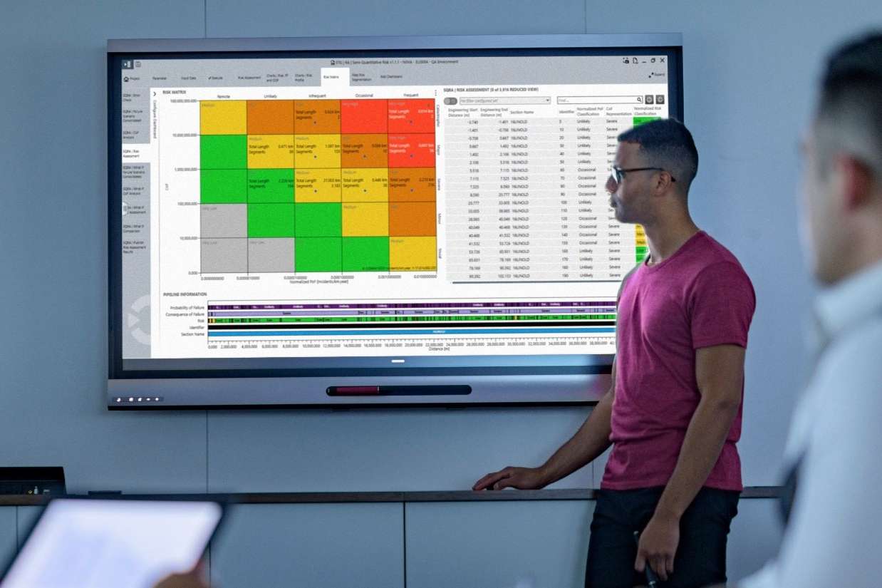 Three people in a meeting room; one of them showing charts on a big screen.