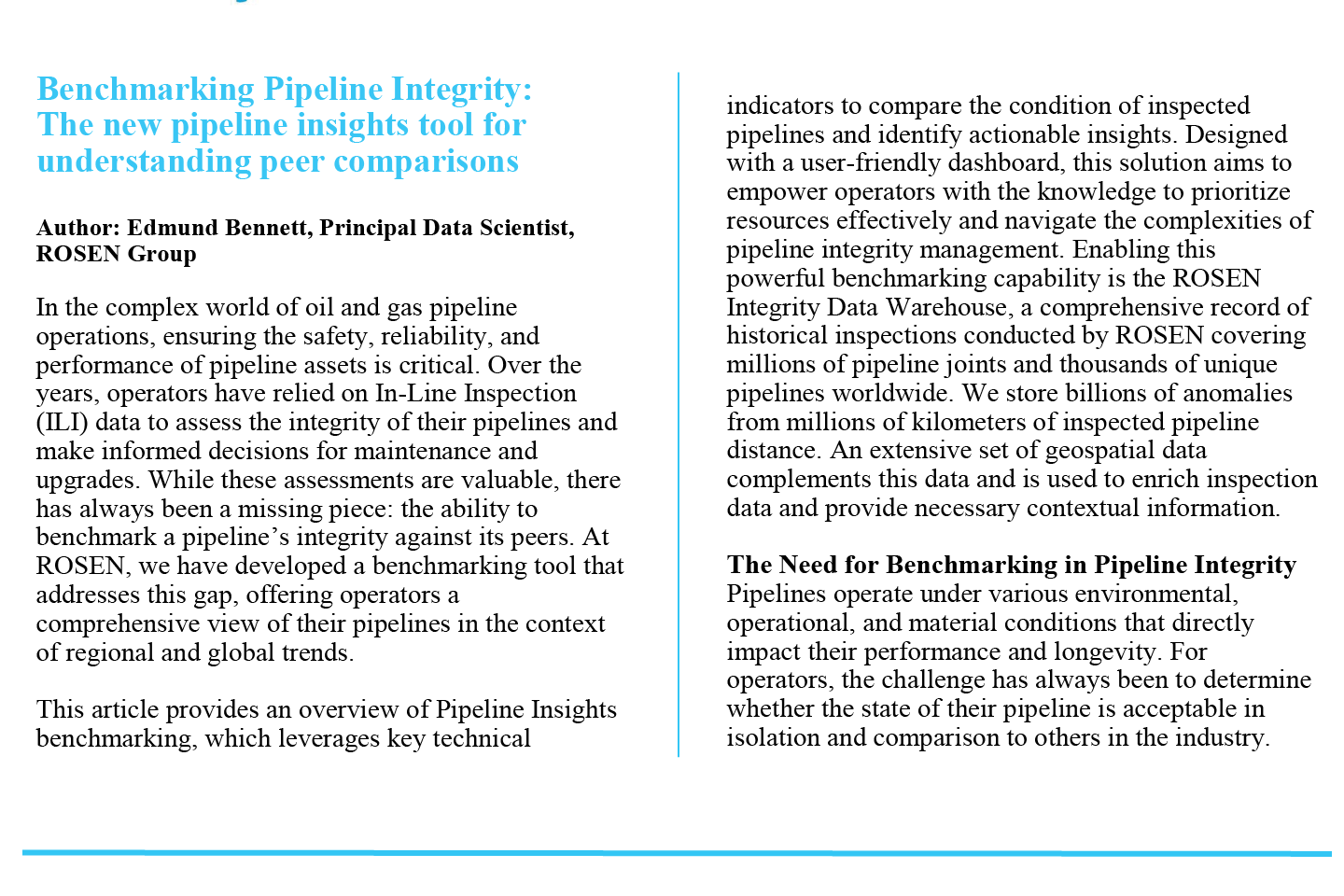 Article in the PPSA Newsletter on ROSEN's new pipeline insights tool for understanding peer comparisons.