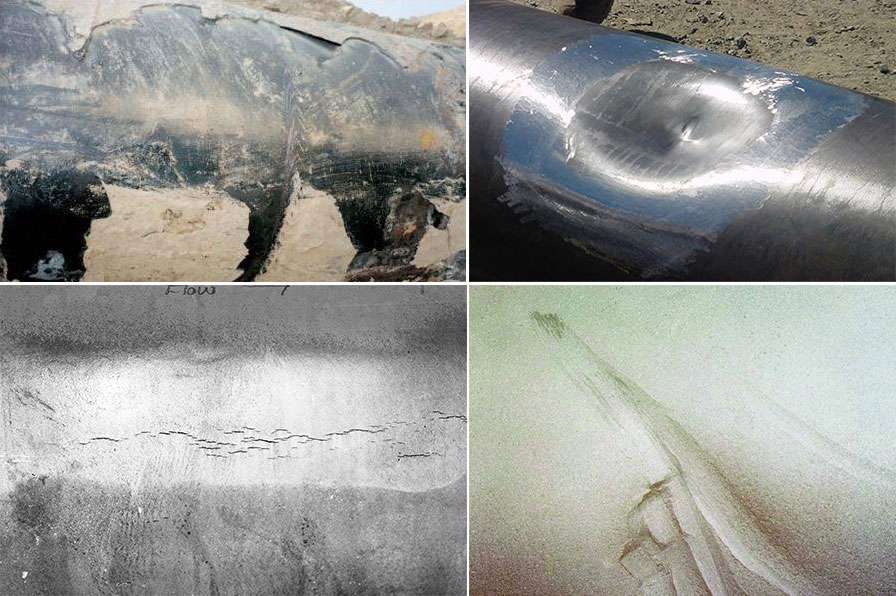 Picture collage of different mechanical damages to pipelines, such as dents, gouges or cracks.