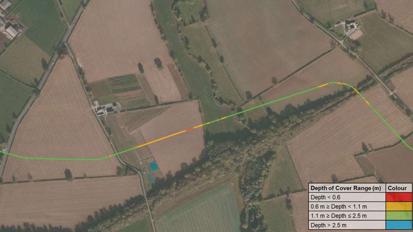 Map showing depth of cover range on a pipeline.
