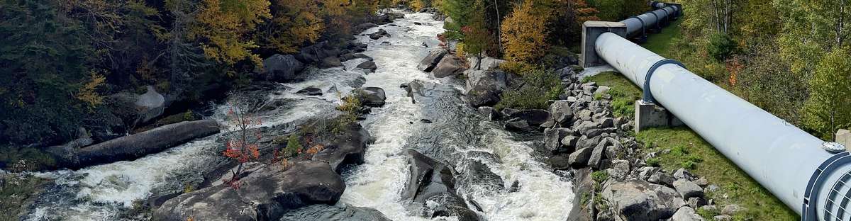 Overview on pipeline next to a river in the middle of a forest.