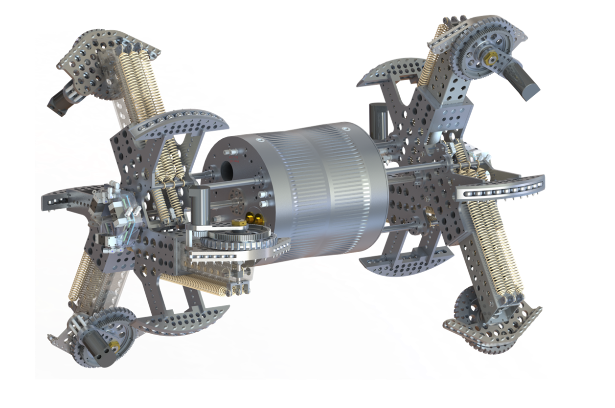 Illustration of electro-hydraulic propulsion system with expanding arms ensures reliable traction and maneuverability through bends and restrictions.
