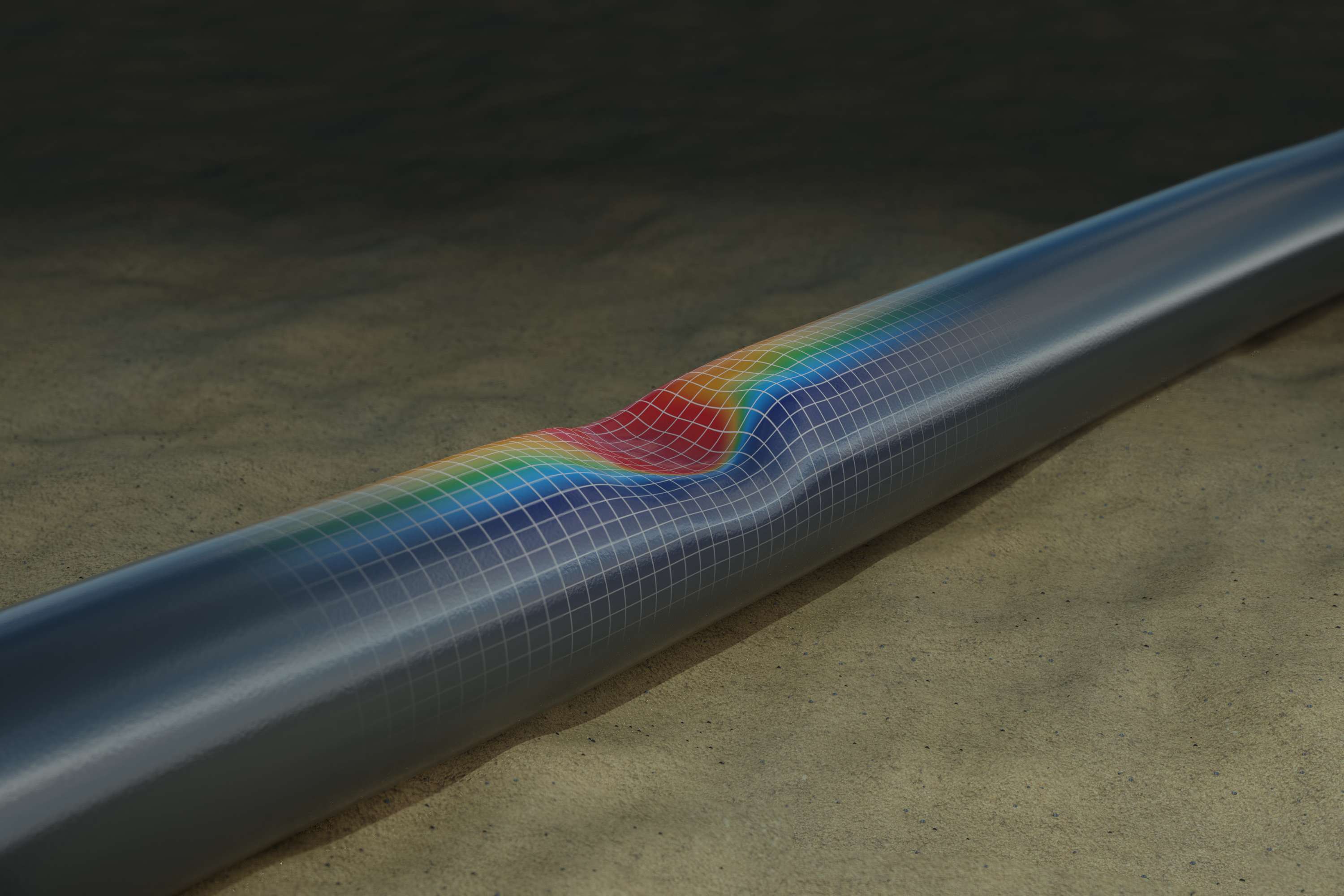 dent in a pipeline showing finite element analysis results.