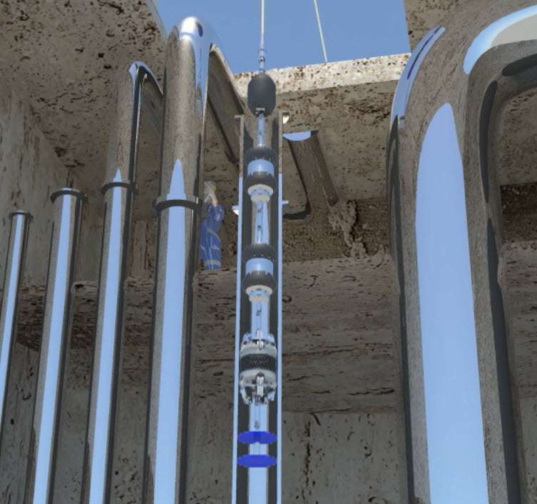 Picture of an animation on how the tethered tool is launched to the cavern pipe.