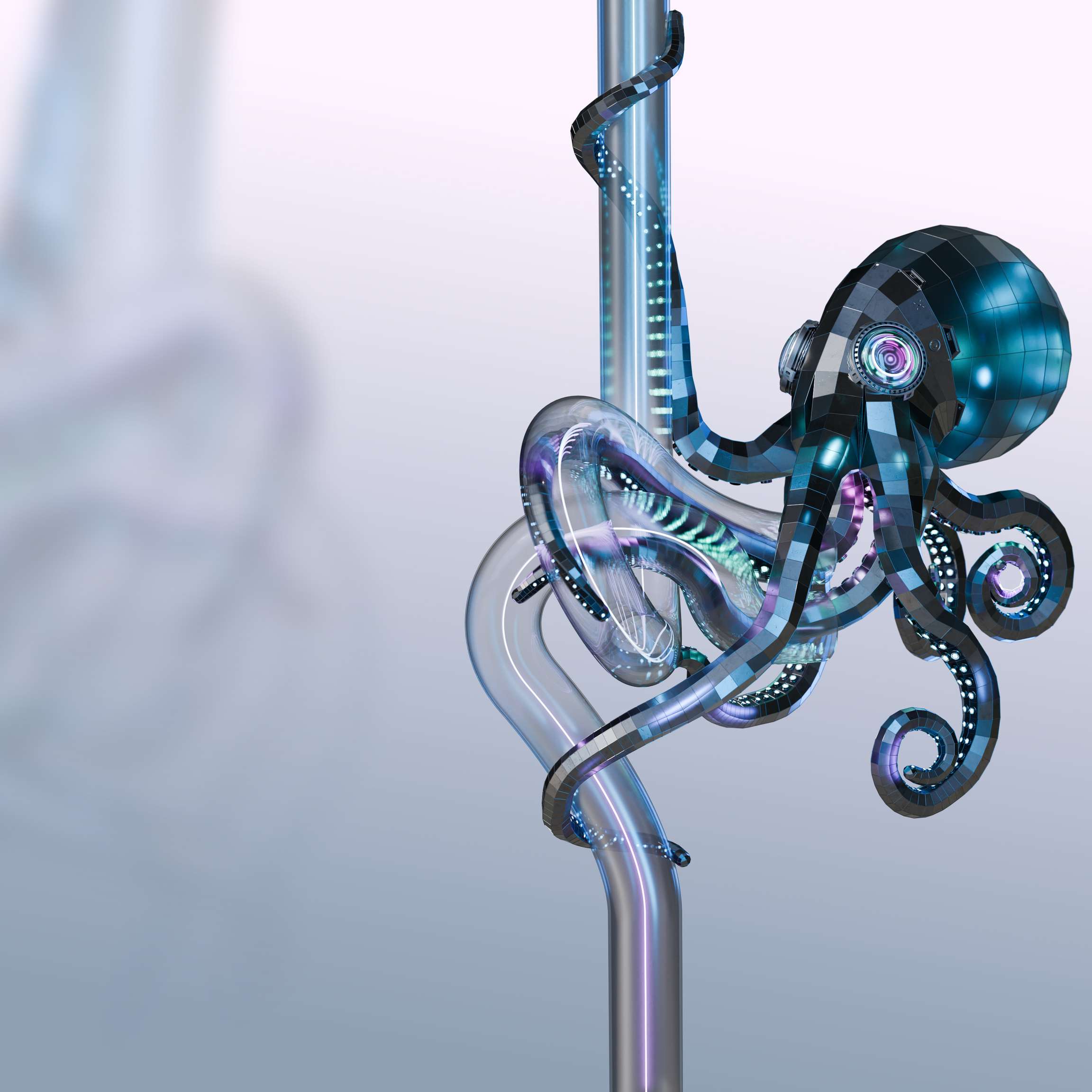 An octopus holds a twisted pipeline tightly. This is the key visual for ROSENs robotic inline inspections.