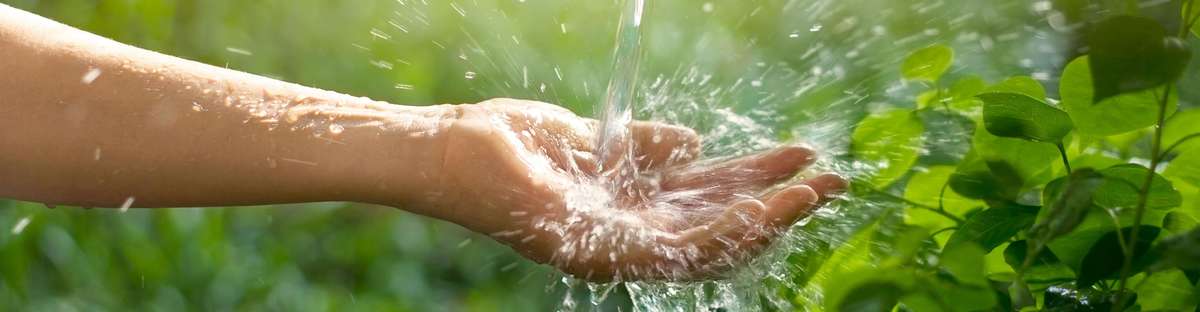 Water pouring in hand on nature background.