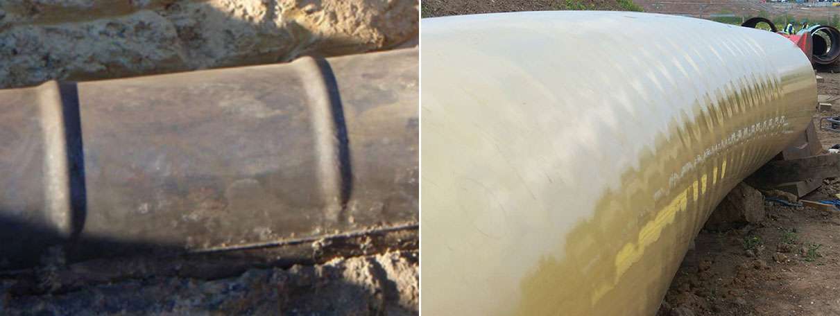 Picture collage showing pipeline wrinkles and pipeline ripples in comparison.