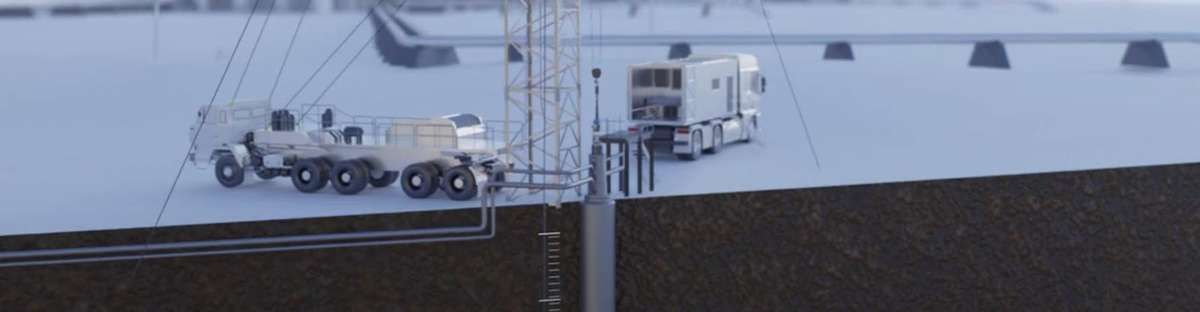 Picture of an animation showing the inspection set-up of a cavern pipe inspection.