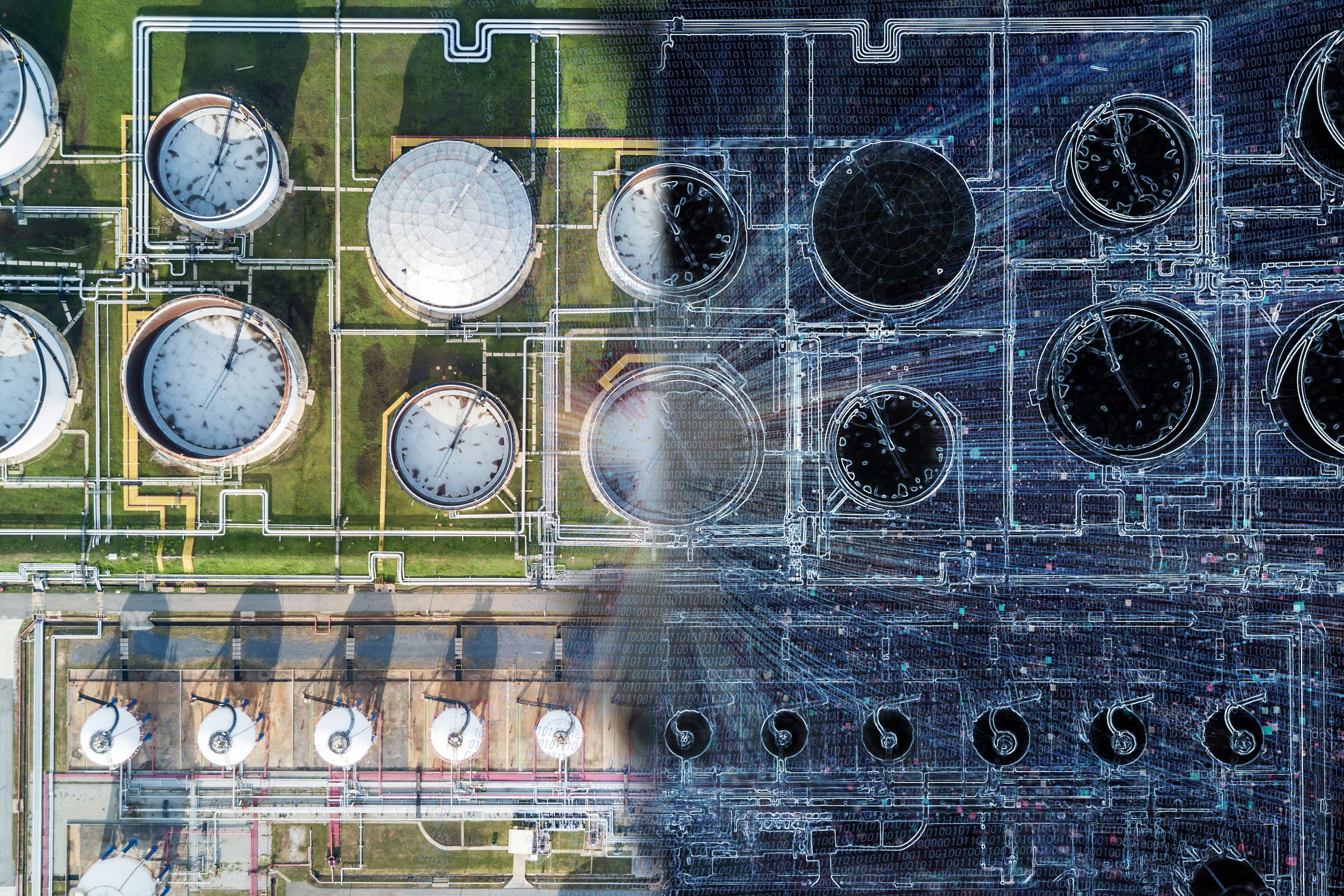 A tank farm from above with a shadow on half of the picture.