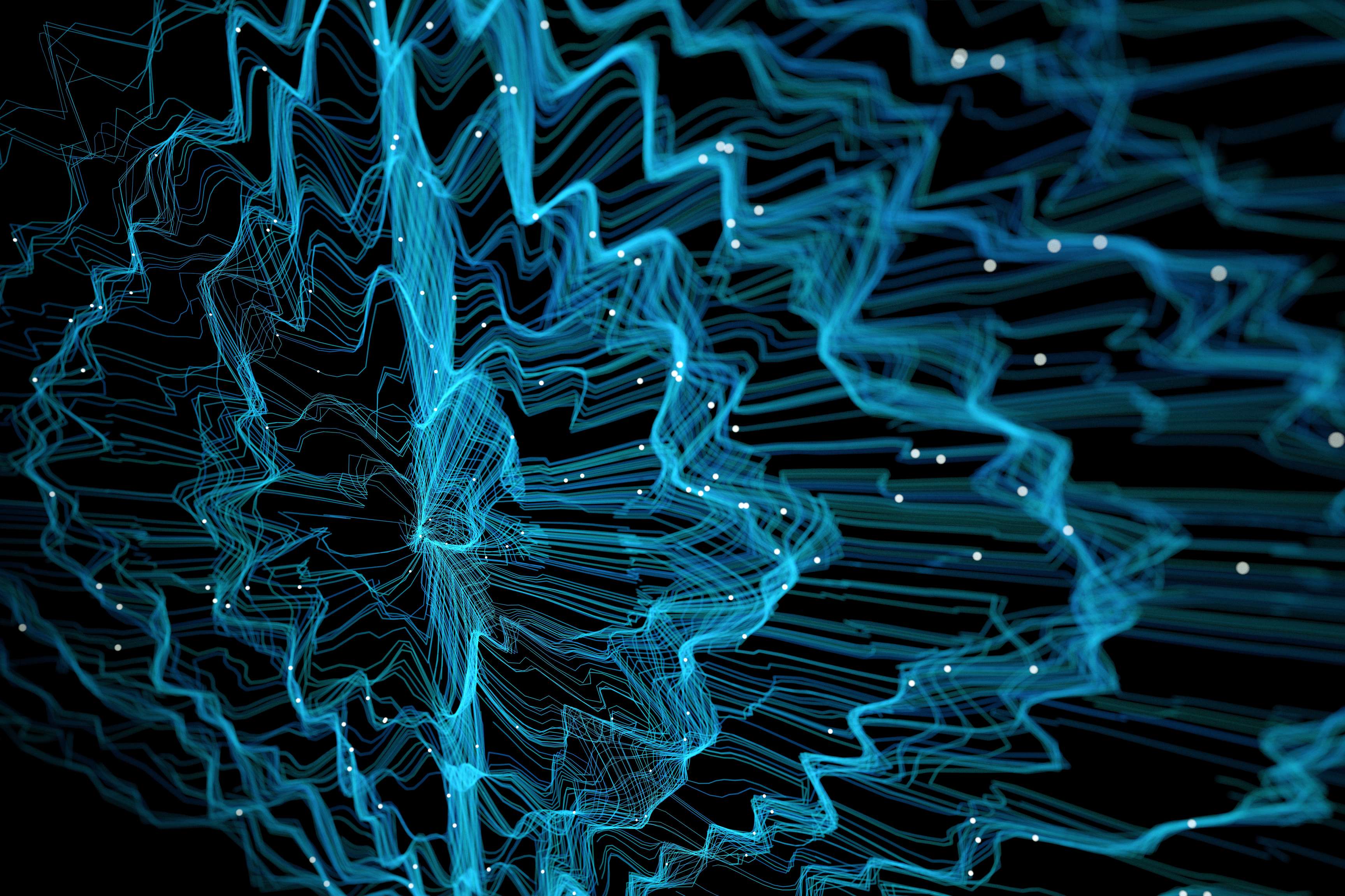 Blue stripes abstractly form a neural computer network against a dark background.
