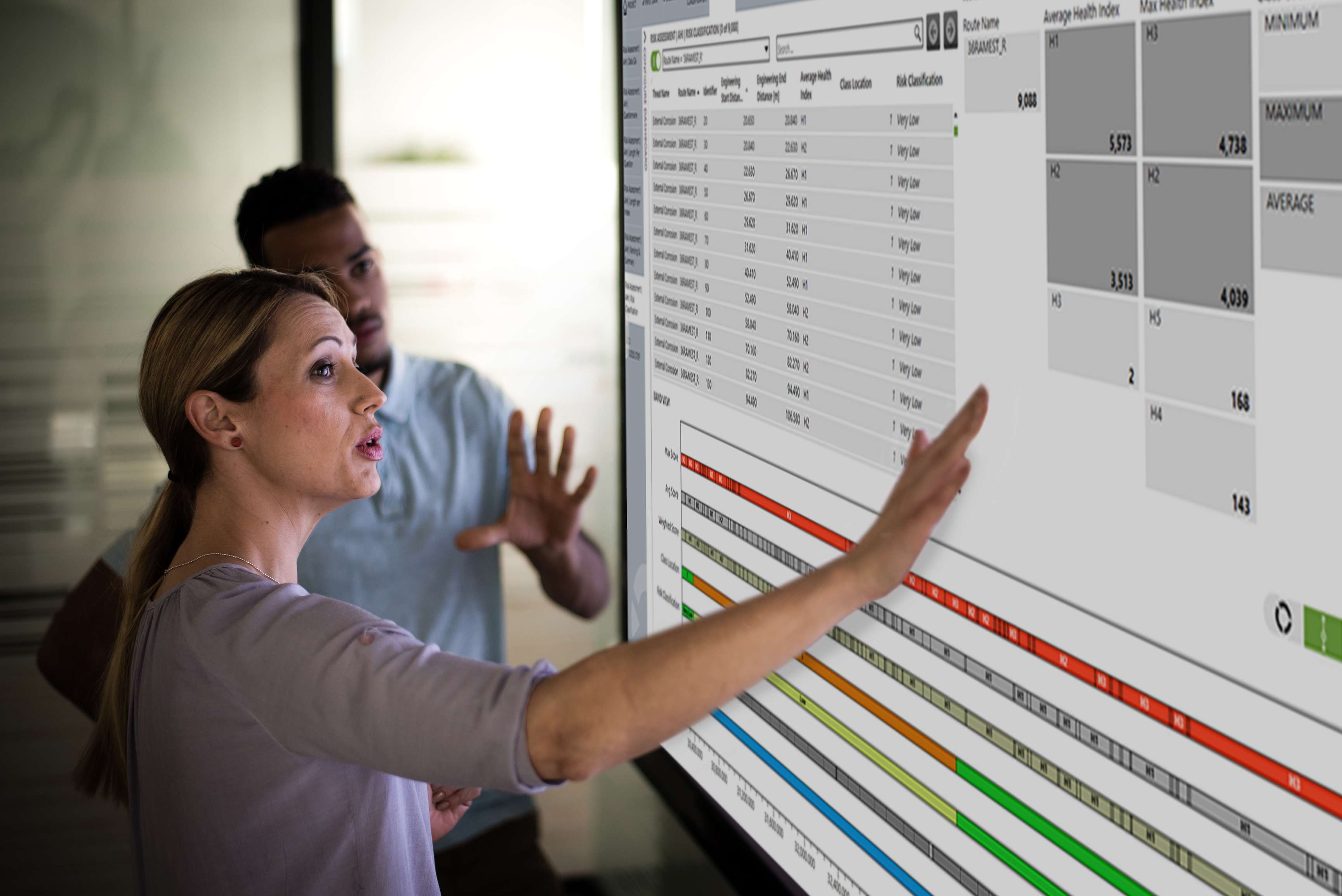 Two employees talking and pointing to a large screen with tables and data.