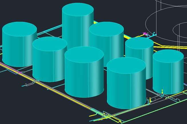 3D cad image with drawings of a tank farm.