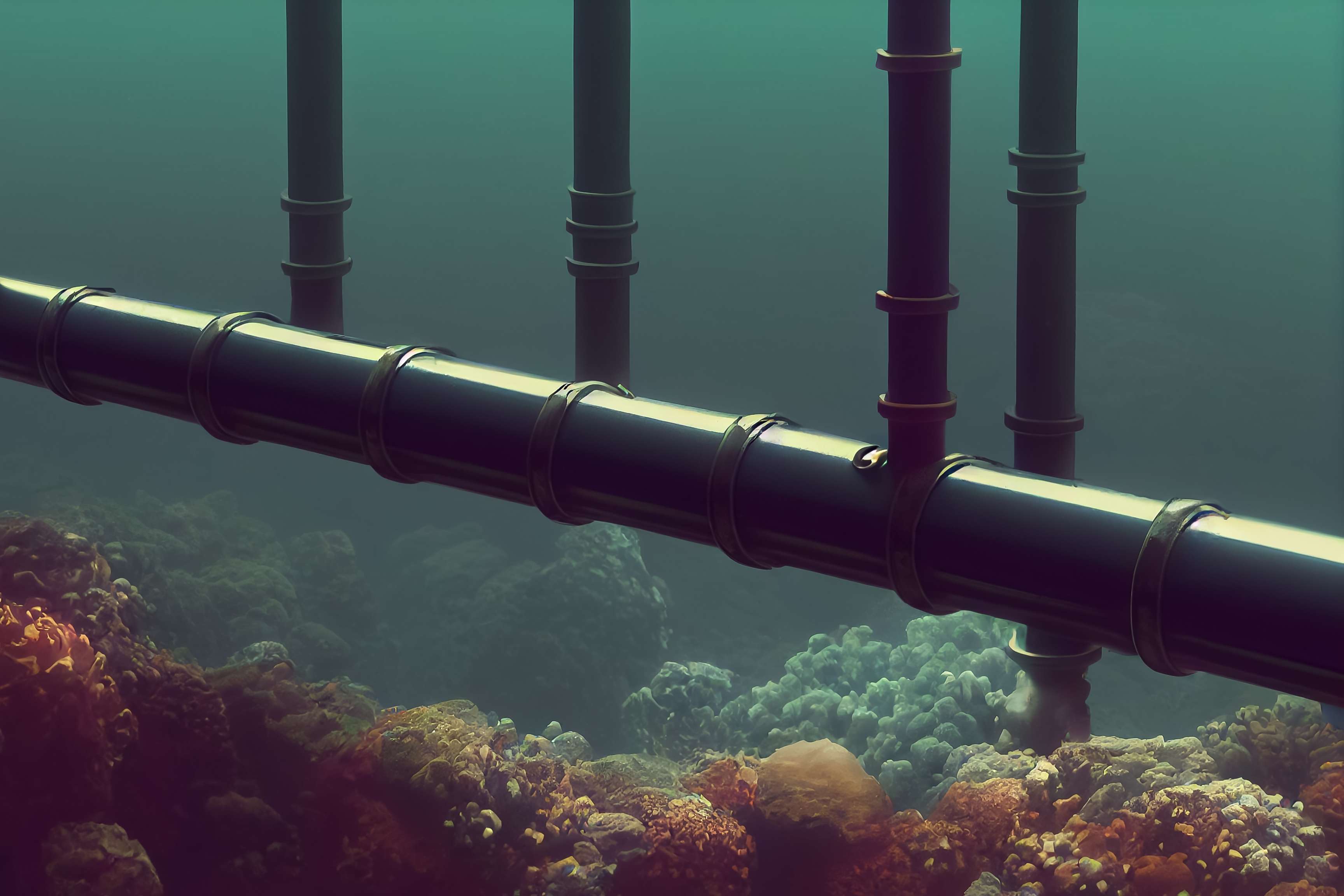 3d illustration of pipelines in the ocean bottom seabed.