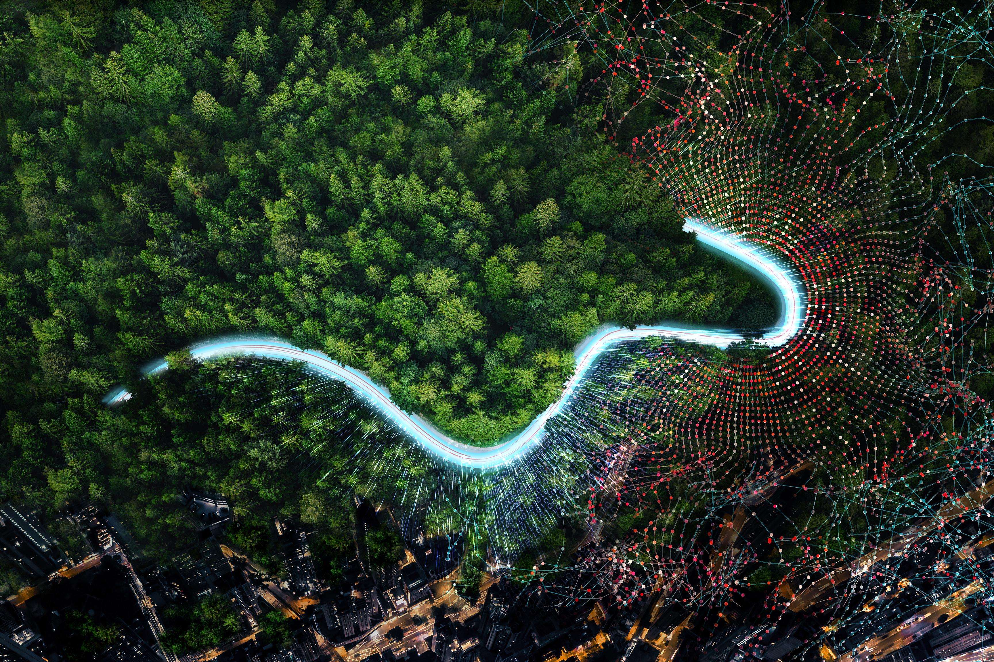 Aerial view on winding forst and city - ROSEN's main purpose visual