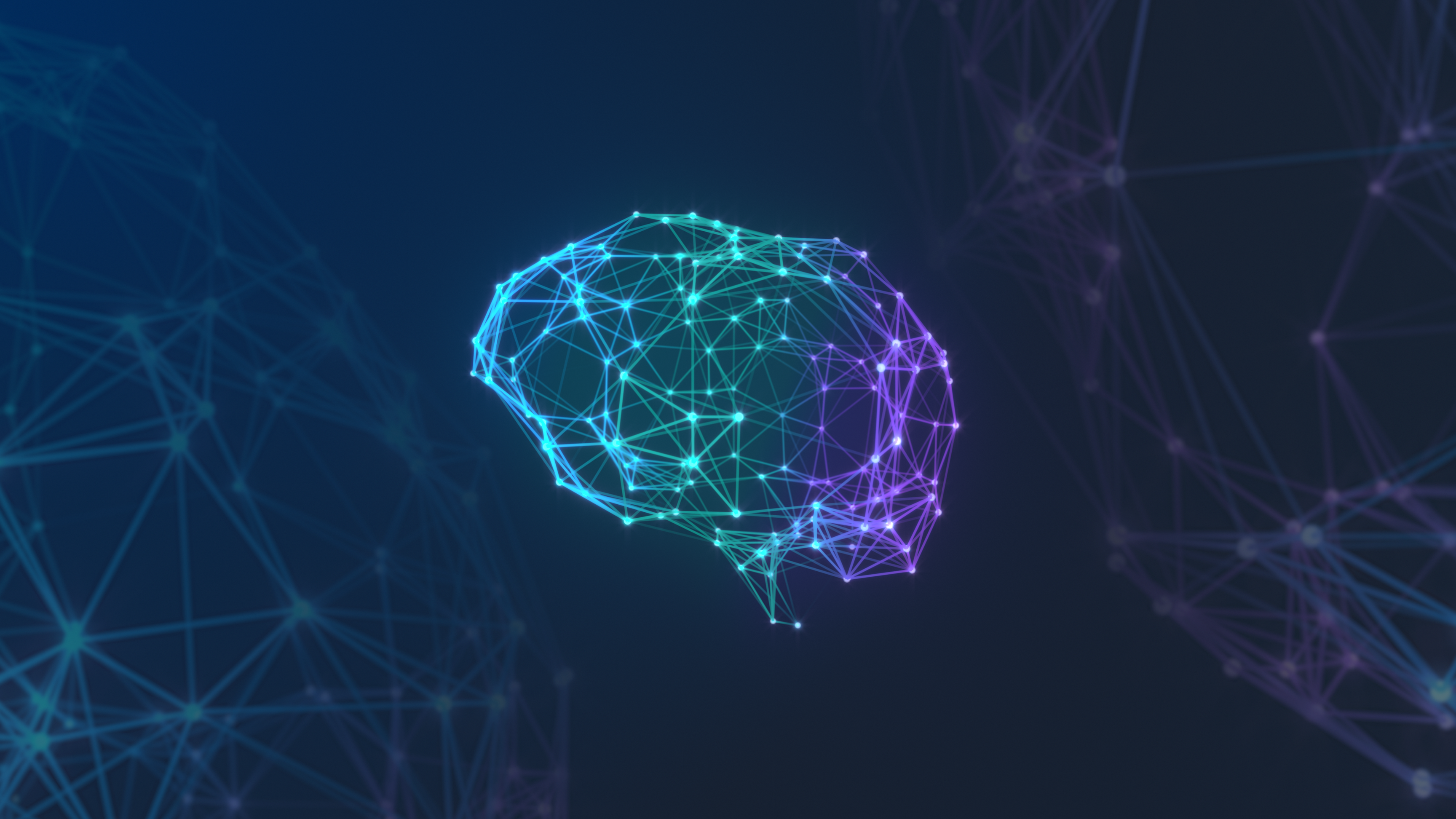 An illustration of a brain formed by lines and dots, symbolizing neural connections. Surrounding the brain is a network of interconnected lines and nodes, representing a complex communication or data system.