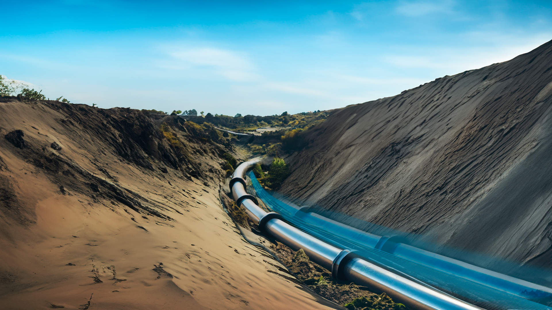 Pipeline running through a landscape affected by ground movements.