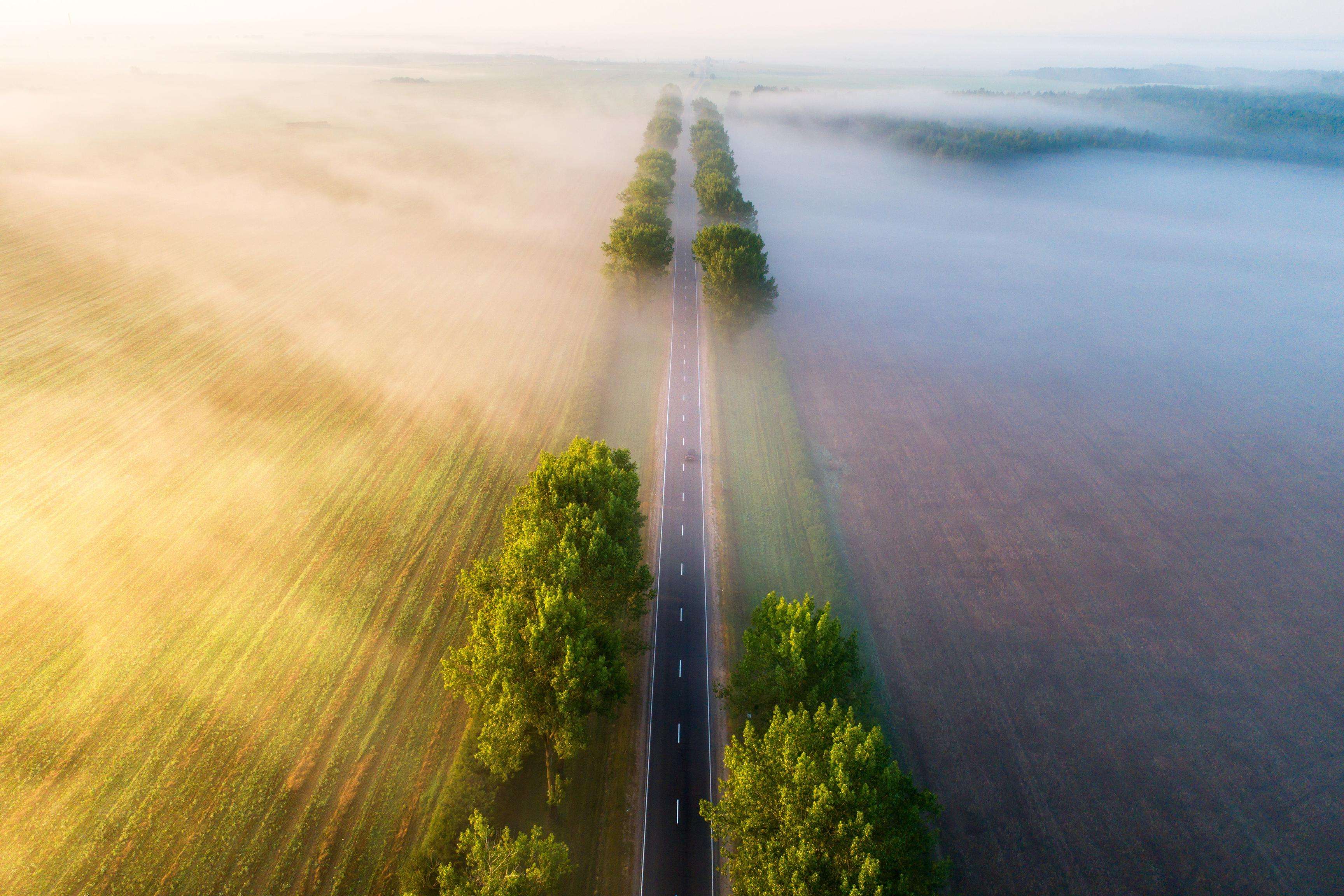 Straight, foggy road in the morning with a view from above.