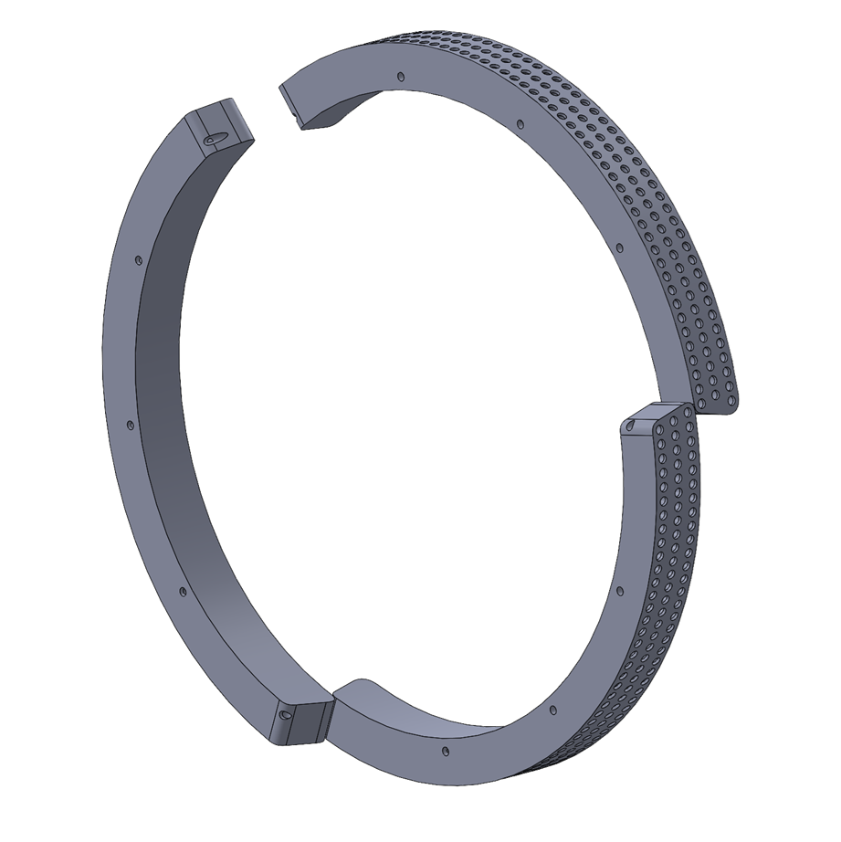 Illustration of segmented ultrasonic scanner module designed to maintain optimal sensor stand-off in nominal pipeline sections while collapsing to navigate.