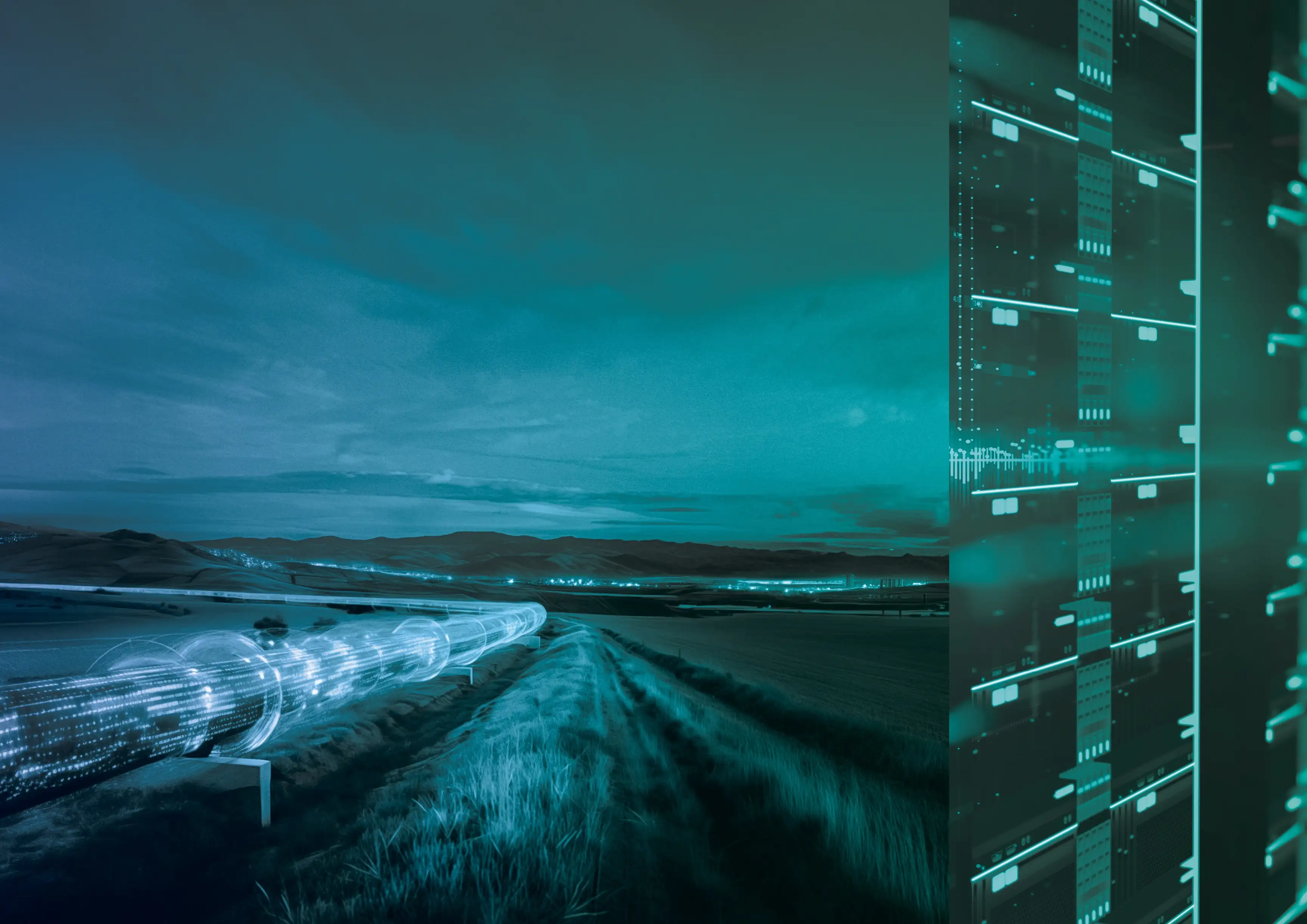 Glowing digital data stream running through a pipeline toward a modern server infrastructure