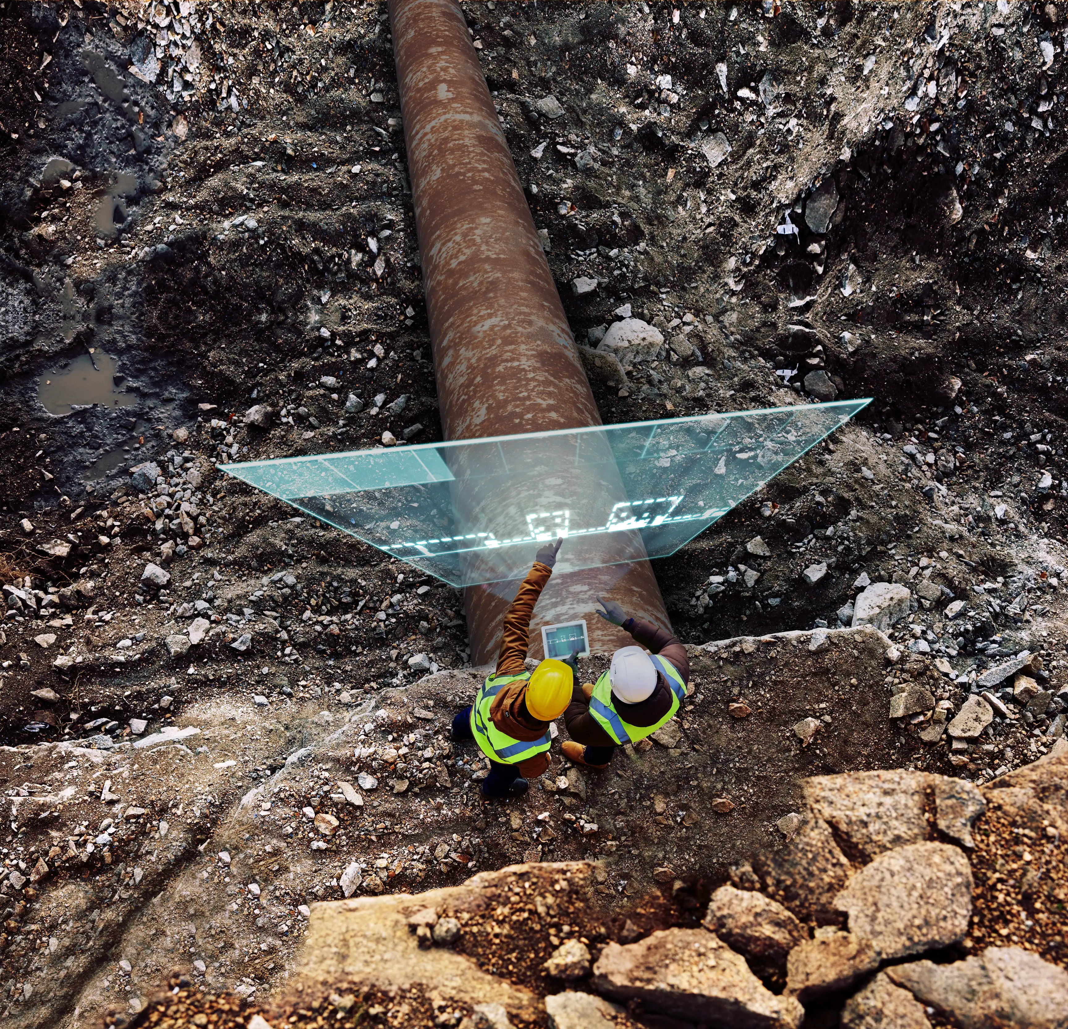 two workers standing next to a rusty, dug out pipeline looking at a hologram of a corrosion growth analysis