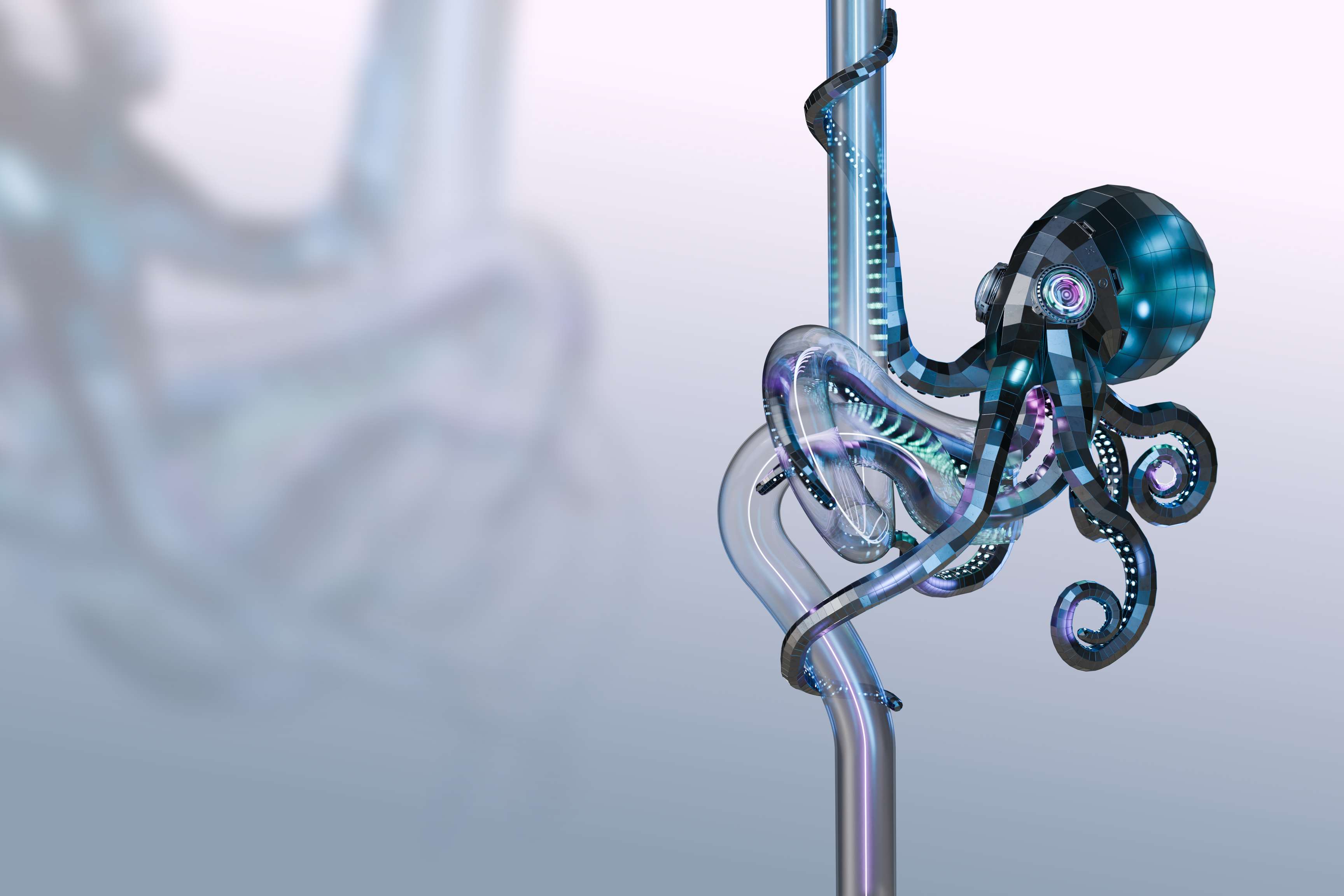 An octopus holds a twisted pipeline tightly. This is the key visual for ROSENs robotic inline inspections.