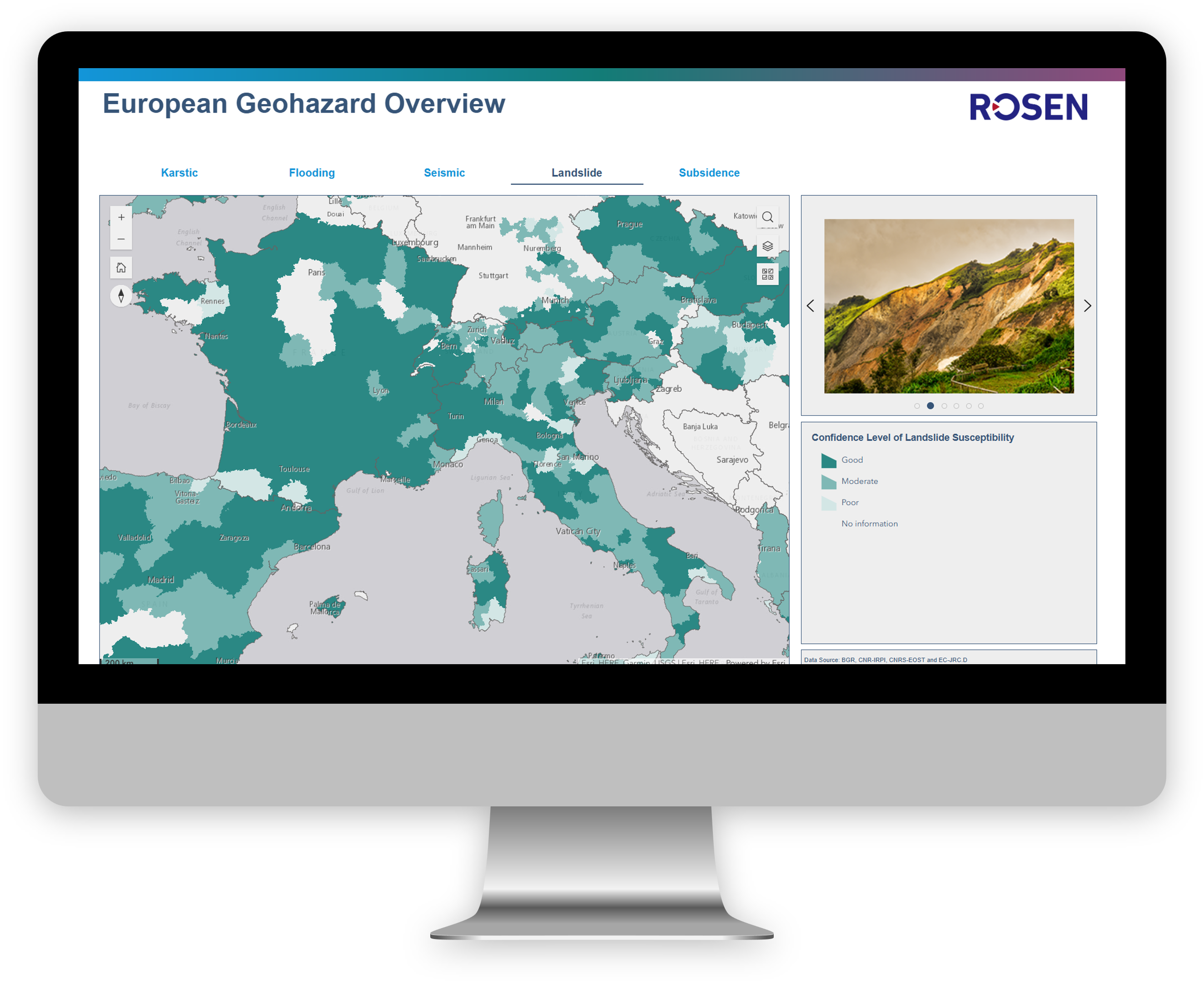 This image shows a mockup of an interactive world map that provides an overview of European geohazards.