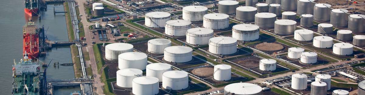 Oil storage and shipping in a harbor terminal.