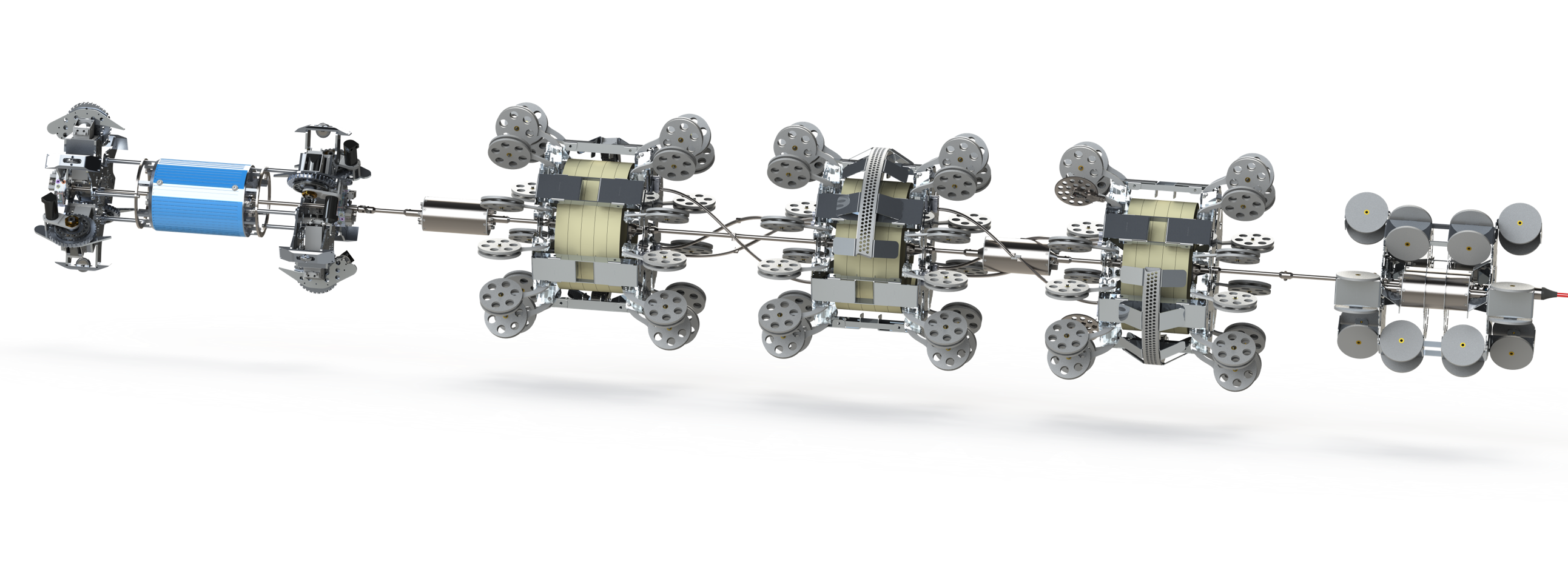 Illustration of custom-engineered ultrasonic robotic inspection tool designed for controlled navigation through complex offshore pipeline geometries