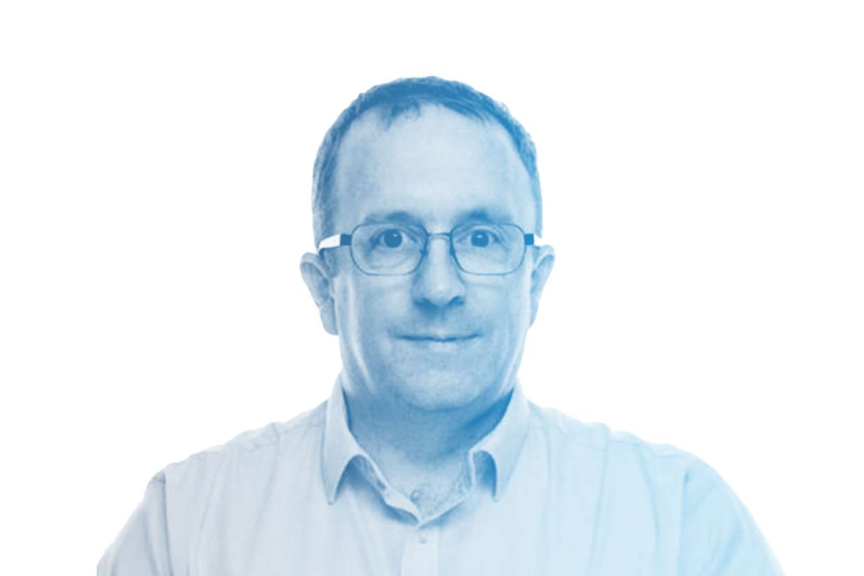 This portrait shows Neil Gallon with a gradient over it.