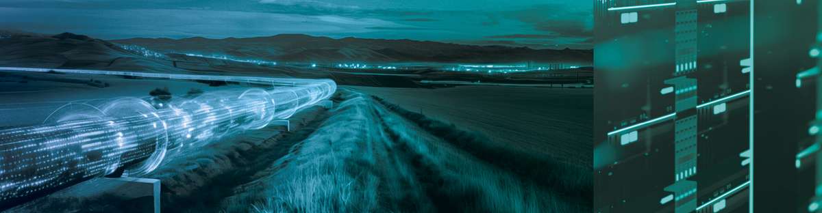 Glowing digital data stream running through a pipeline toward a modern server infrastructure